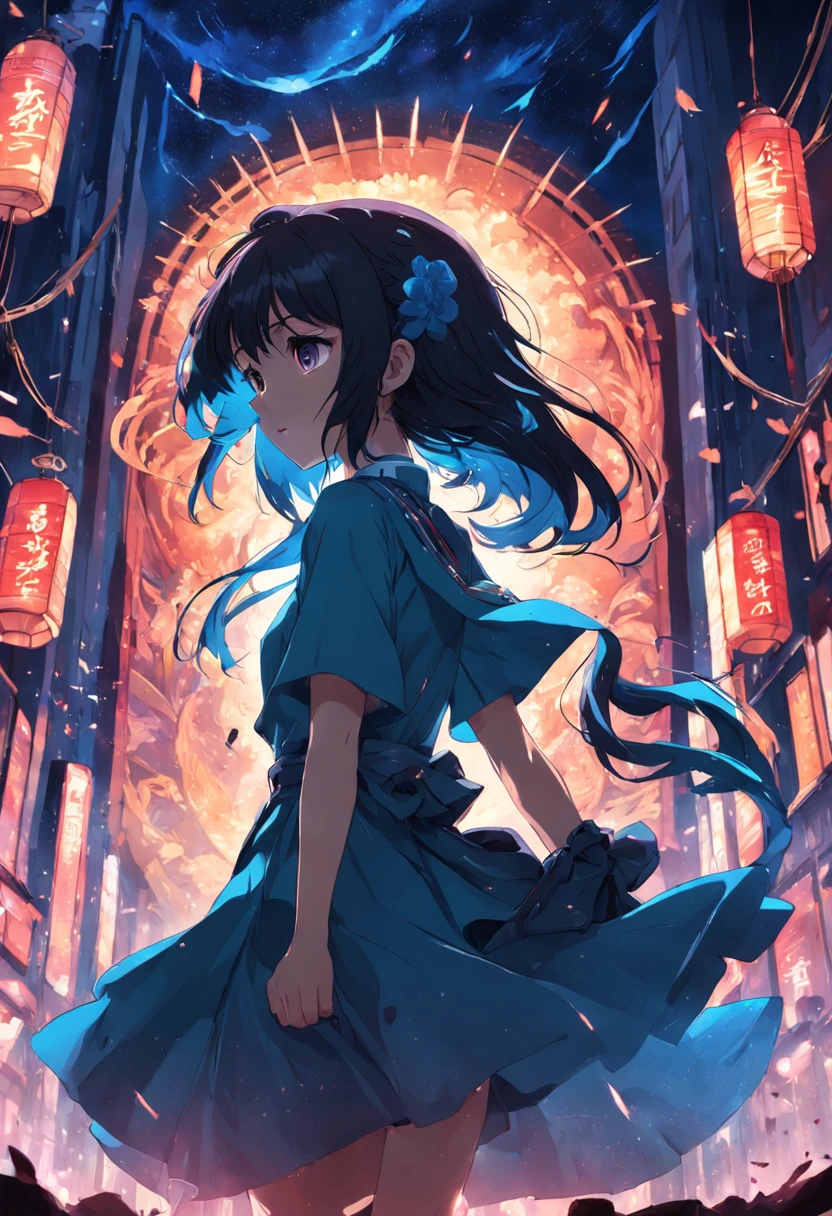 A girl in a blue dress standing in front of a building - SeaArt AI