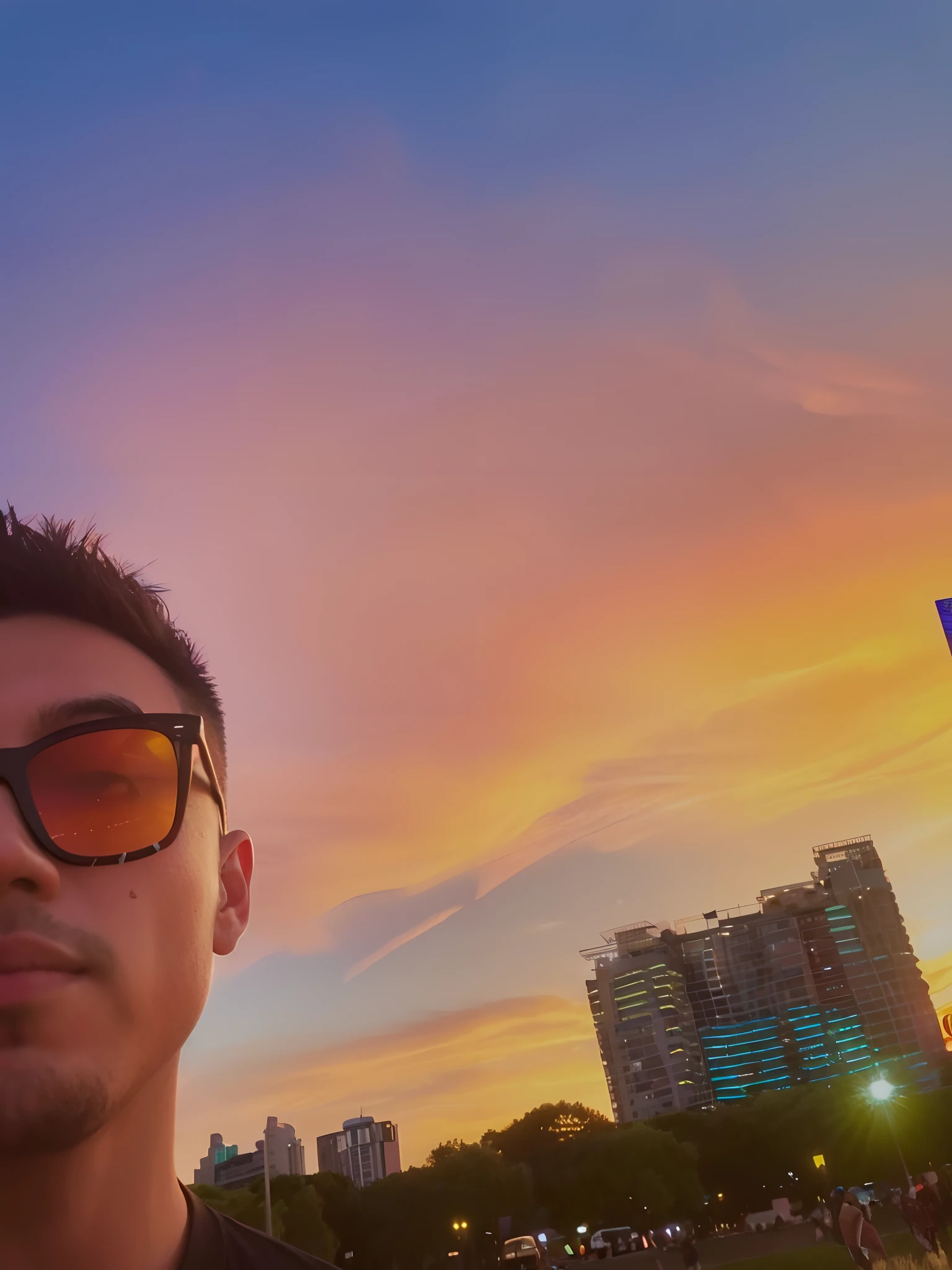 Arapei man in sunglasses standing in front of the colorful sunset, With sunset, vibrant sky, with a sunset, shot on gopro9, at a beautiful sunset, sunsettime, taken on go pro hero8, late sunset, 8k selfie photograph, In the sunset, real sunset, Colorful sunset!!, sunset glow around head, ((Sunset)), nice sunset