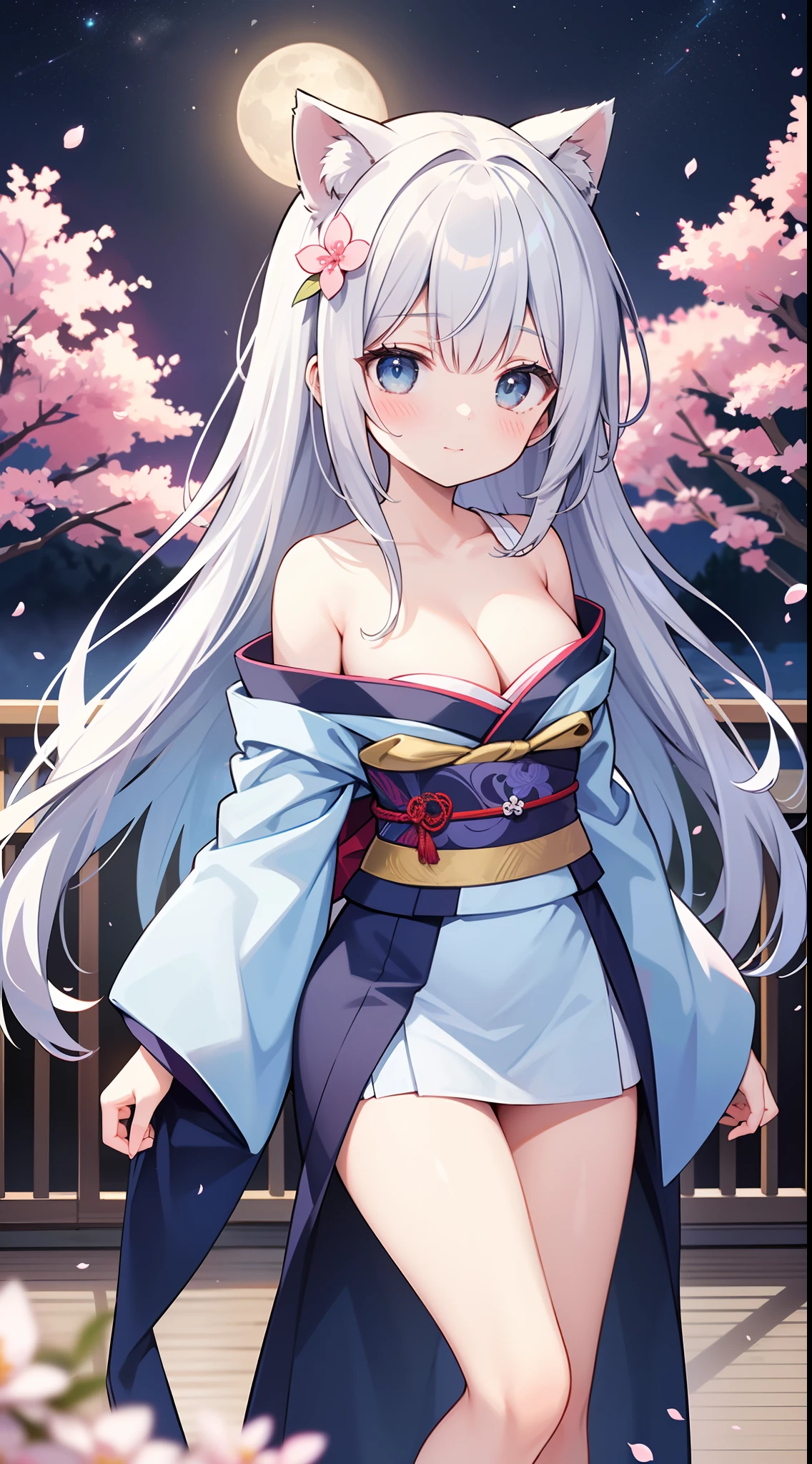 (masterpiece)、(top-quality)、(ultra-detailliert)、(独奏)、 beautiful girl、小柄、silber hair、Crims、White, golden, silver, light blue and red kimono、Shoulders exposed、Cleavage emphasis、Thigh exposure、Landscape with cherry blossoms、Moon Night