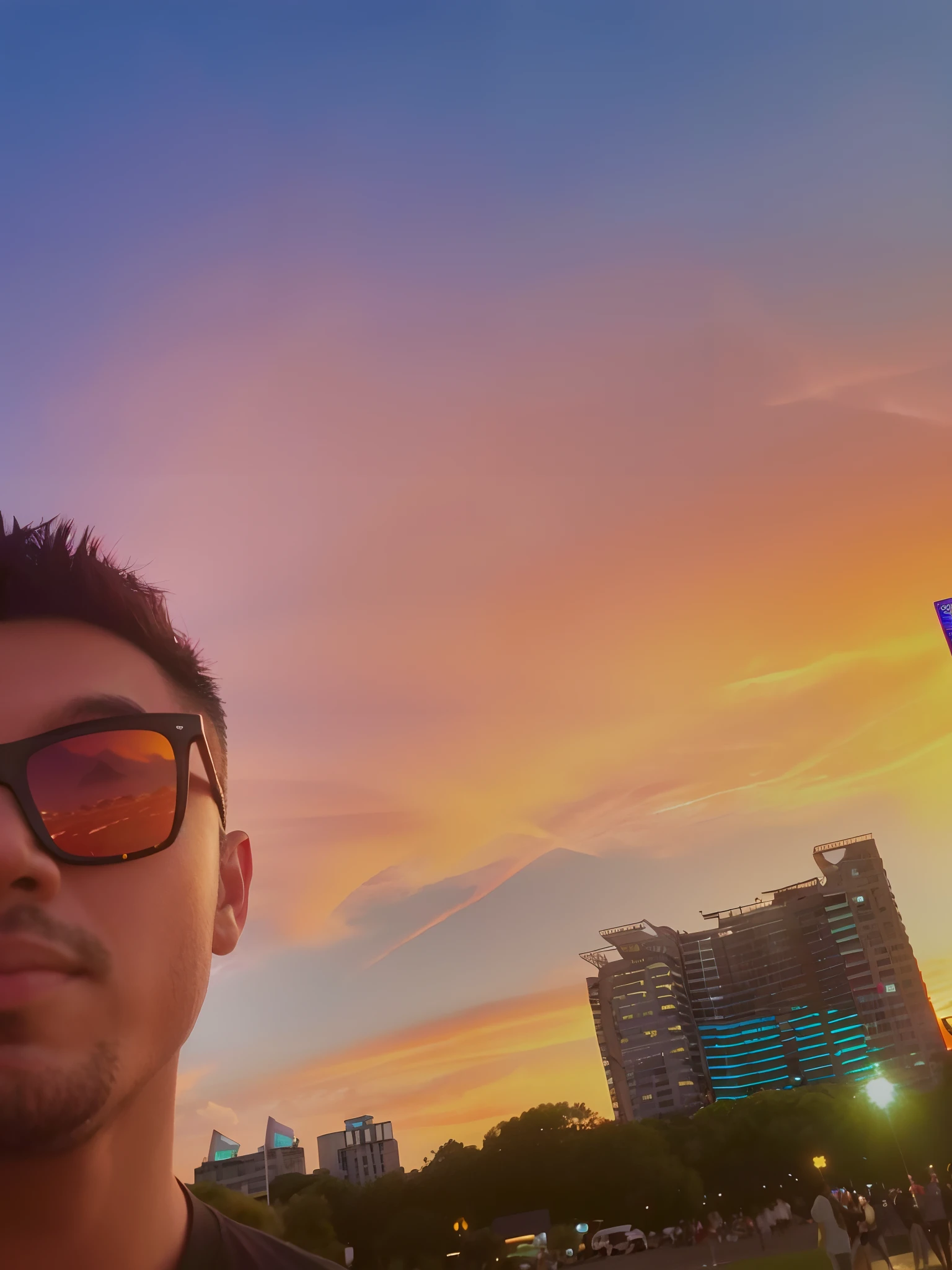 Arapei man in sunglasses standing in front of the colorful sunset, With sunset, vibrant sky, with a sunset, shot on gopro9, at a beautiful sunset, sunsettime, taken on go pro hero8, late sunset, 8k selfie photograph, In the sunset, real sunset, Colorful sunset!!, sunset glow around head, ((Sunset)), nice sunset