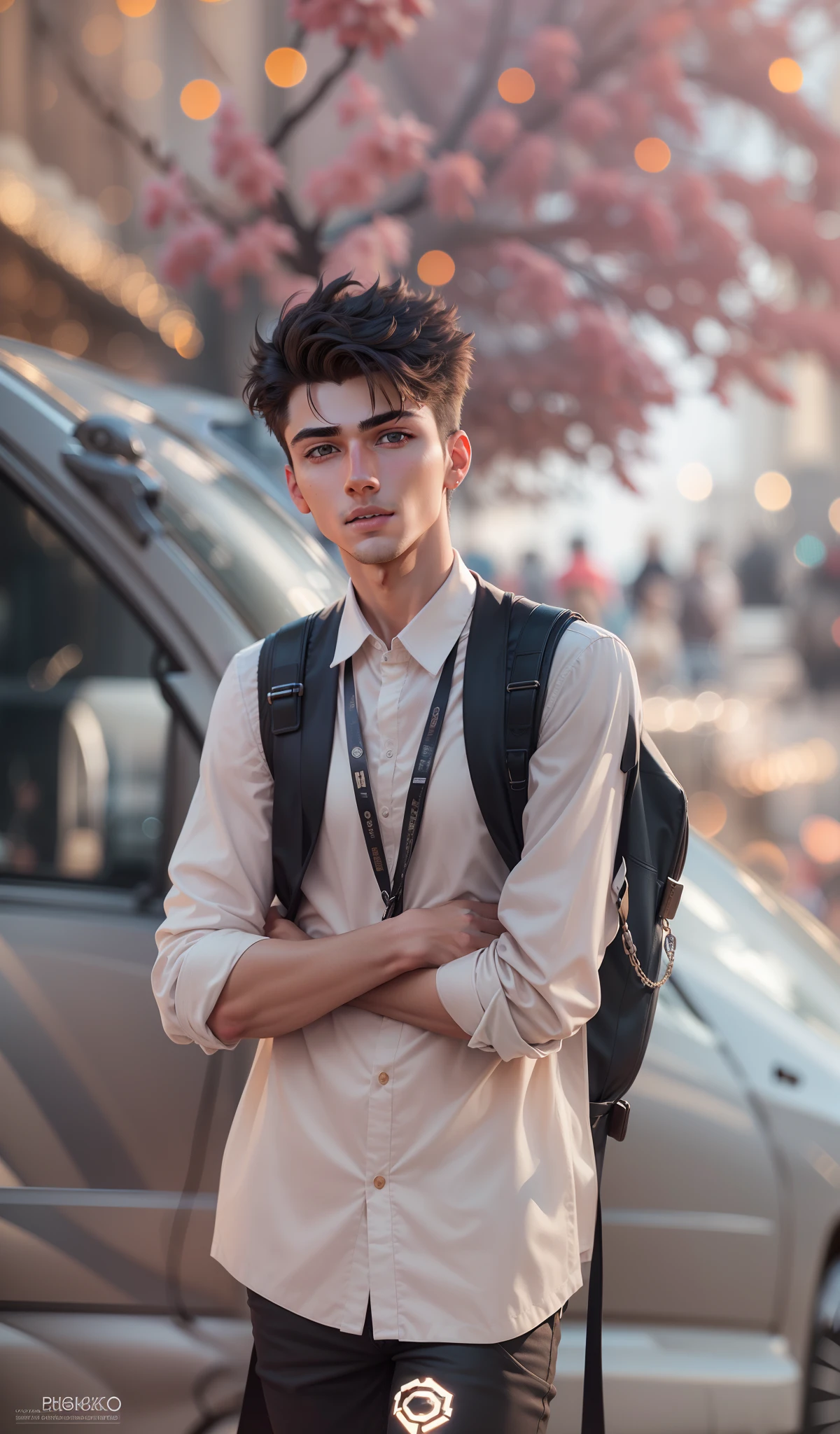 "Create a captivating, handsome young man with a stunning, dark bokeh effect in the background. Realistic 8k quality."