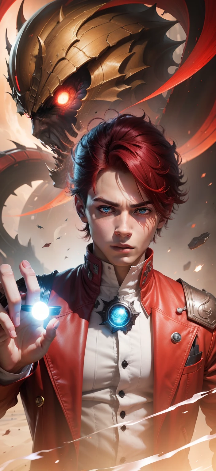 Boy With hand Magic Futuristic monsterbackground realistic face red Bule hair ultra realistic high quality HD