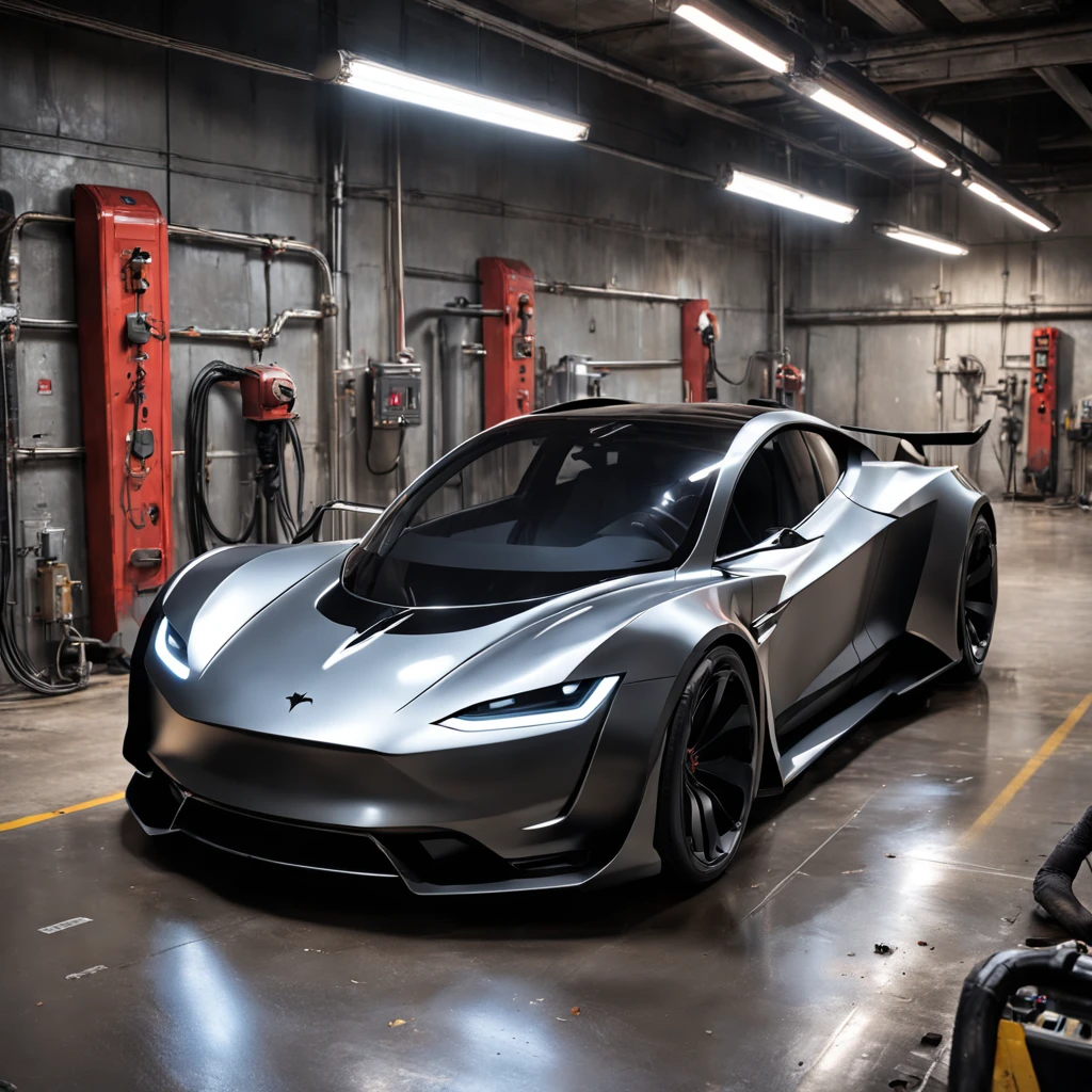 Wide-angle Banksy inspired street-art portrait, (Gotham City Garage) (Tesla Batmobile) The Tesla {{{Batmobile}}}, a marvel of engineering and design, marries the sleek, futuristic aesthetics of Tesla's design ethos with the menacing and intimidating persona of Batman's ride. Decked in a deep, obsidian-black sheen that seems to drink the surrounding light, the car exudes a silent power, as if the mere air around it is charged with raw potential. Its contours and lines are aggressive yet elegant, a predator ready to pounce, standing in stark contrast to the grimy, urban sprawl of the Gotham City garage.