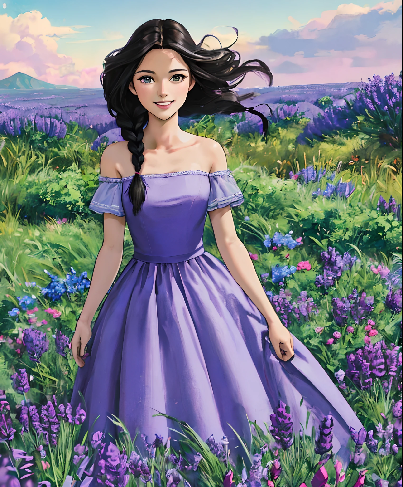 (masterpiece), anime, best quality, high quality, ultra realistic image, hd, expressive eyes, perfect face, girl, skin color b99890, age 15 years, hight 5'0 feet, small hight, silky black hair,  braid, big smiling, most beautiful girl, cute girl, standing position, facing towards camera, cinematic position, happy posing, frock, lavender sky, clear clouds, lavender flowers in background,
