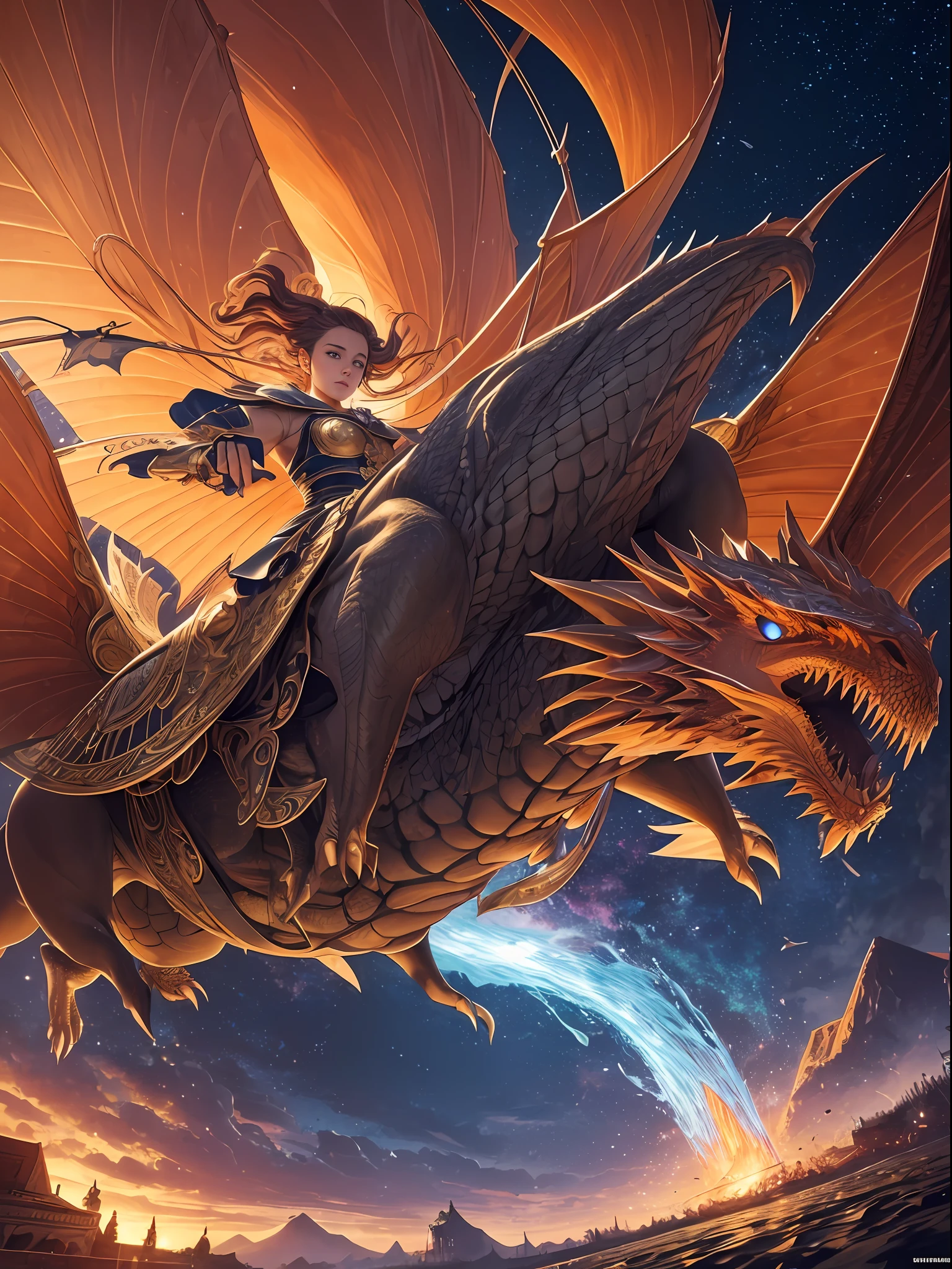 (Masterpiece, Top Quality, Best Quality, Ultimate Detail, Highest Detail, Official Art, Beauty & Aesthetics: 1.2), Golden Ratio, Full Composition, official art, Unity 8k wallpaper, super detailed, beautiful, (fractal art: 1.4), the naked school girl is riding on the red dragon,flying over the town, full body, crystallineAI, from below, splash