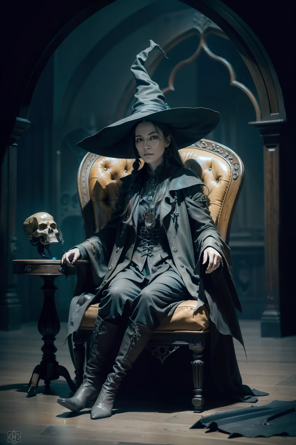 A beautiful witch sitting on a Cadillo chair in the background，（She was holding a Soniste crow skeleton:1.4) ，gloomy castle，Spooky and terrifying，The skull is on the ground，depth of fields，high light，Real light，Ray traching，OC renderer，UE5 renderer，Hyper-realistic，best qualtiy，8K，Works of masters，super-fine，Detailed pubic hair，Correct anatomy，