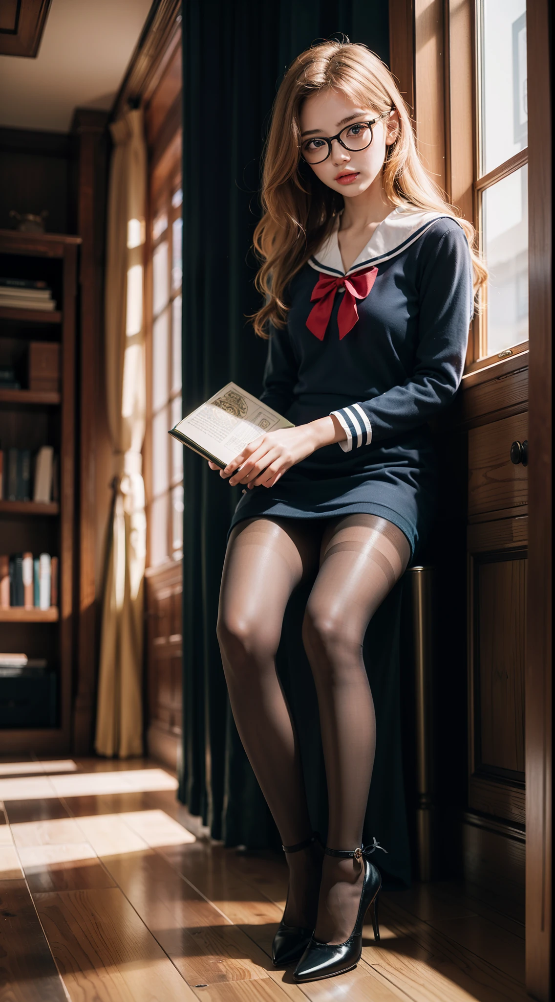 (full body:1.5),(((1girl)):1.3),(view the viewer:1.4),((anatomy correct):1.45),(Sitting on a turtle:1.2),(He wears large glasses and holds a book in his hand:1.15),(shy:1.15),(Playful Sailor dress with ribbons:1.2),(Tan Pantyhose:1.3),( Uniform high heels leather shoes with bows for female students:1.1),(Accurate and perfect face:1.3),(Blue-eyed blonde:1.2),hyper HD, Ray traching, reflective light, structurally correct, Award-Awarded, high detail, lighten shade contrast, Face lighting ,cinematic lighting, masterpiece, super detailing, high quality, high detail, best quality, 16k,High contrast,