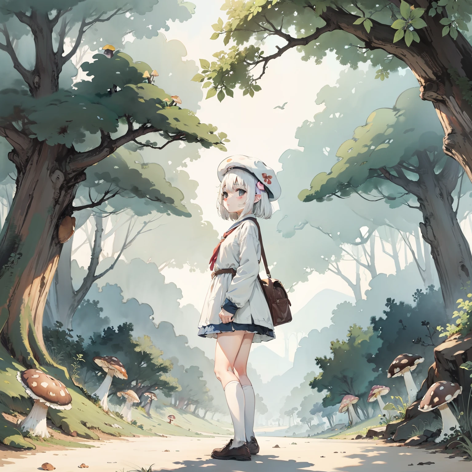Explore the kingdom of psychedelic and fantasy mushrooms,Huge mushroom tree,Watercolor illustration, Perfect anatomy, Masterpiece, Best quality, 1girll, Loli,, Solo, (with short white hair:1.2),,Nature, landscape