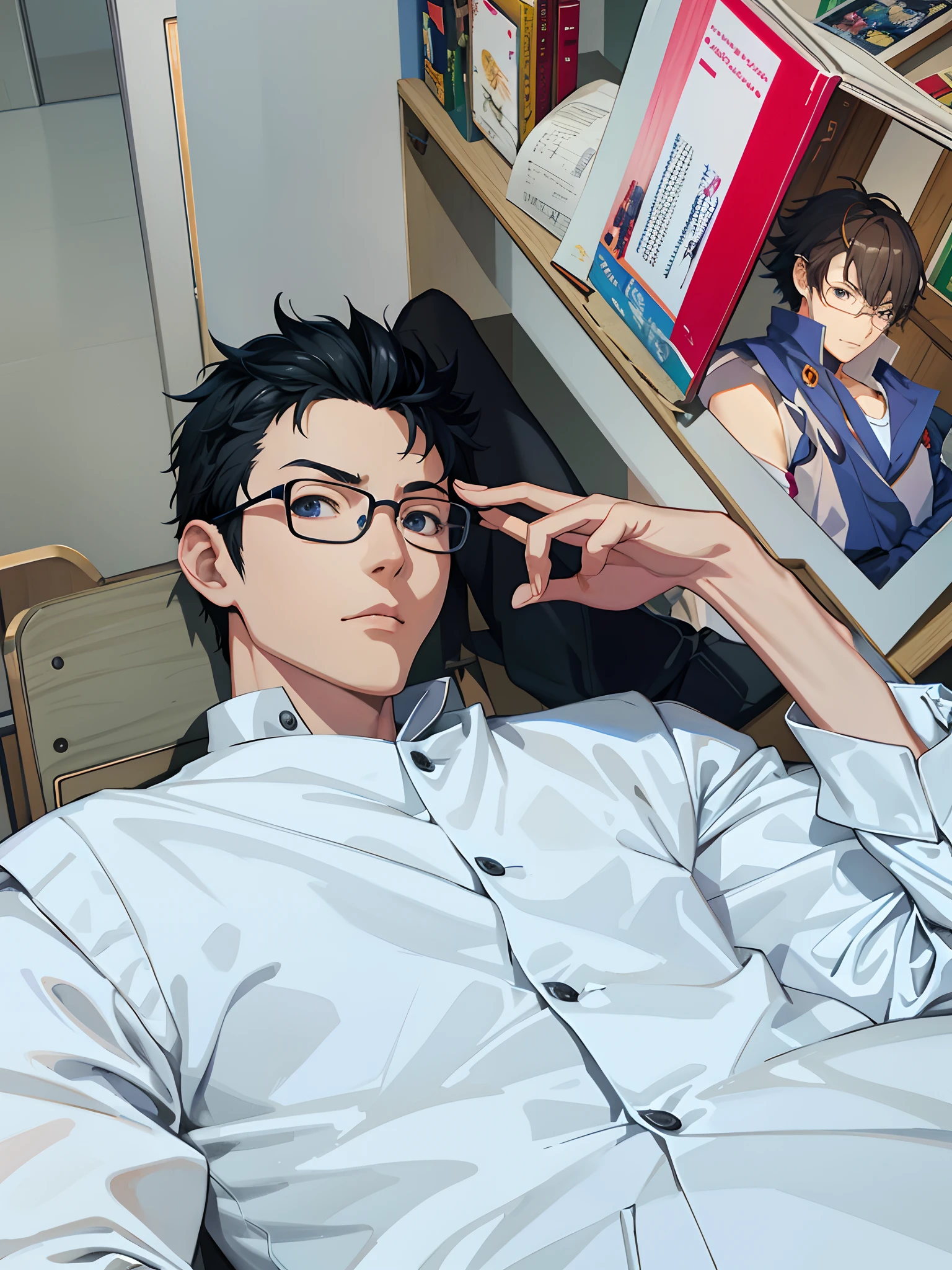 Anime people sit in chairs and wear glasses，The background is the bookshelf, kentaro miura art, kentaro miura art style, kentaro miura manga art style, Anime portrait of a handsome man, kentaro miura manga style, Anime handsome man, miura kentaro style, Handsome anime pose, miura kentaro style, shigenori soejima illustration