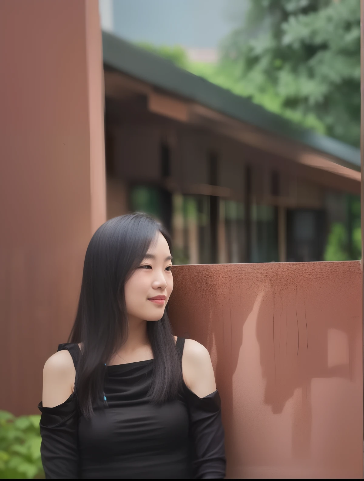 An Araki woman in a black dress stands by the wall，In the background is a building, xintong chen, A young Asian woman, nivanh chanthara, inspired by Ma Yuanyu, Inspired by Tang Yifen, inspired by Cheng Jiasui, Inspired by Ai Xuan, inspired by Yan Liben, xision wu, Profile image