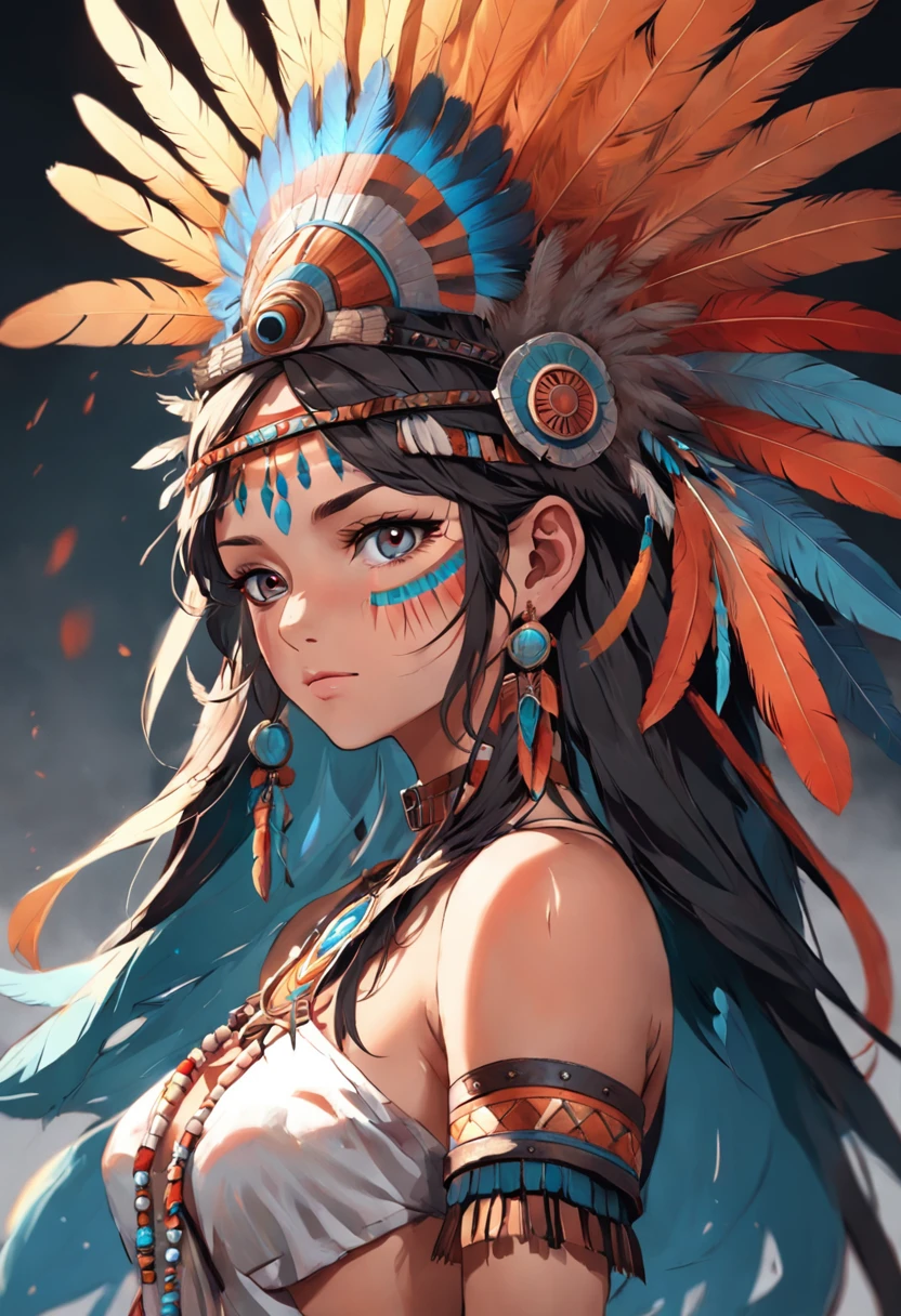 Woman in feather headdress,There are feathers on the head,(((Painted face))), Portrait of an Aztec princess, Wearing a crown with shiny feathers, girl with feathers, Beautiful young female shaman,Painted face,Strobe, she is dressed in shaman clothes,cel shadow, feathered headdress,(Auroracore : 1,5),Automatic contrast, Tattoo of the sternum, ornate headdress, a young female shaman, Angelina Jolie UHD, head gear, : Native American Shameon Fantasy, Centralized headdress,Painted face,Strobe,Auroracore, tesla coils.