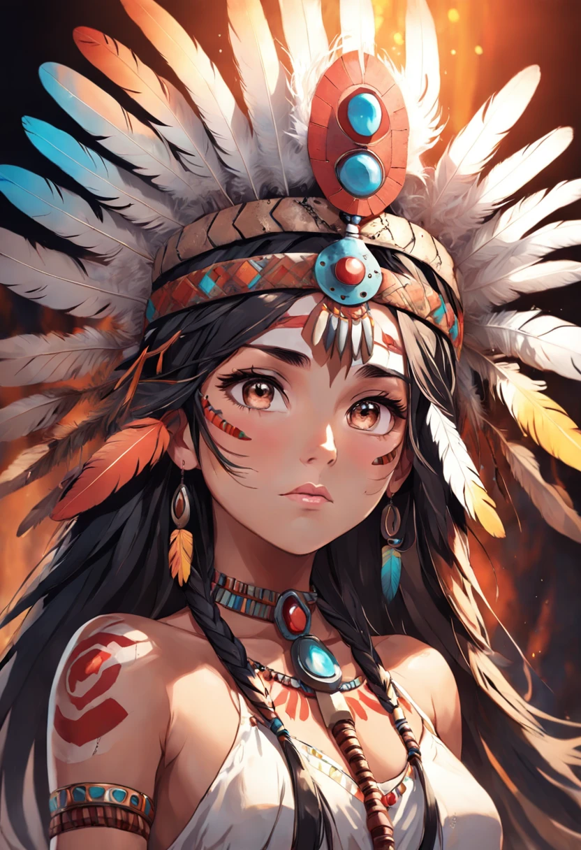 Woman in feather headdress,There are feathers on the head,(((Painted face))), Portrait of an Aztec princess, Wearing a crown with shiny feathers, girl with feathers, Beautiful young female shaman,Painted face,Strobe, she is dressed in shaman clothes,cel shadow, feathered headdress,(Auroracore : 1,5),Automatic contrast, Tattoo of the sternum, ornate headdress, a young female shaman, Angelina Jolie UHD, head gear, : Native American Shameon Fantasy, Centralized headdress,Painted face,Strobe,Auroracore, tesla coils.