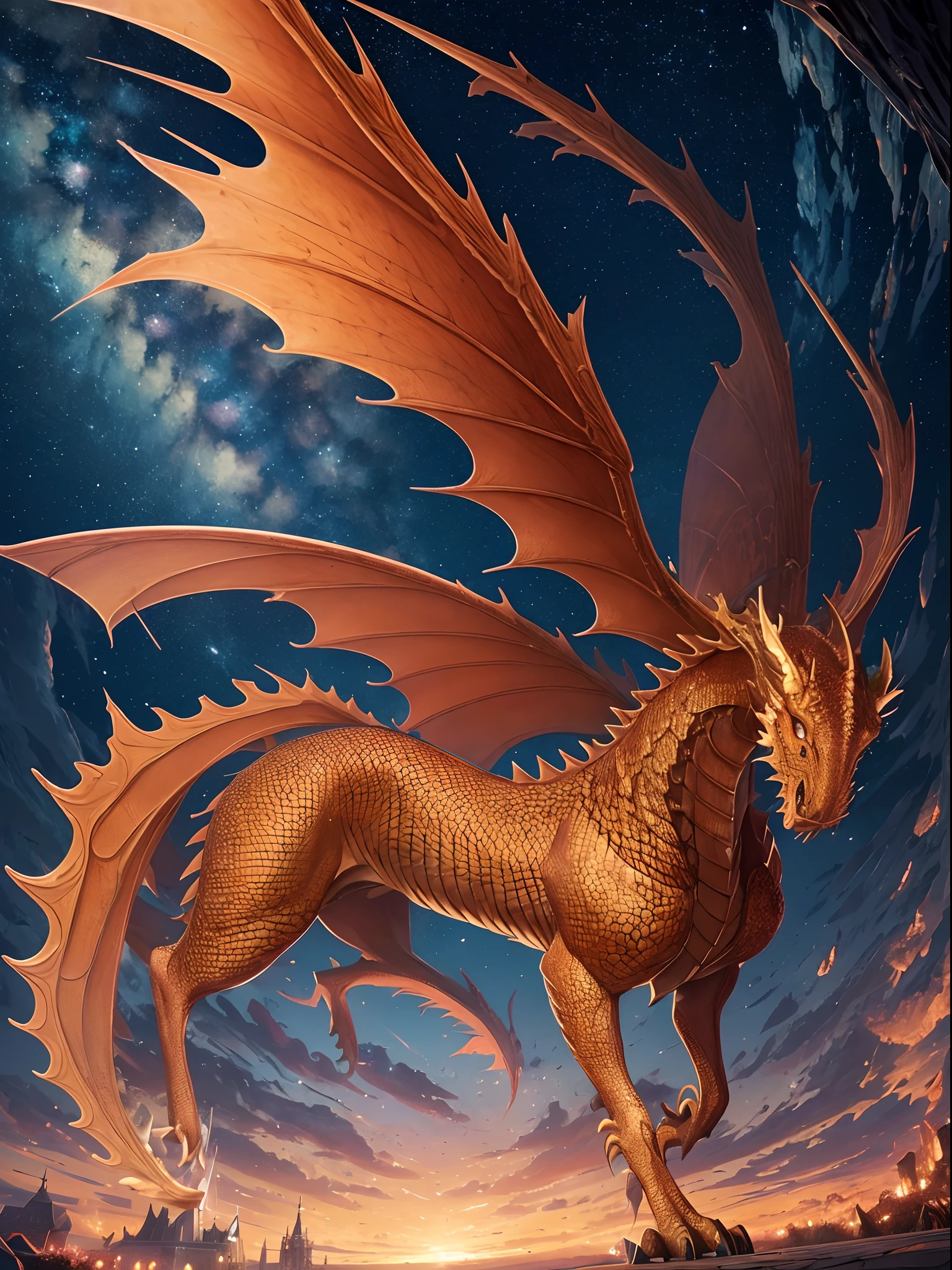 (Masterpiece, Top Quality, Best Quality, Ultimate Detail, Highest Detail, Official Art, Beauty & Aesthetics: 1.2), Golden Ratio, Full Composition, official art, Unity 8k wallpaper, super detailed, beautiful, (fractal art: 1.4), the naked school girl is riding on the red dragon,flying over the town, full body, crystallineAI, from below, splash
