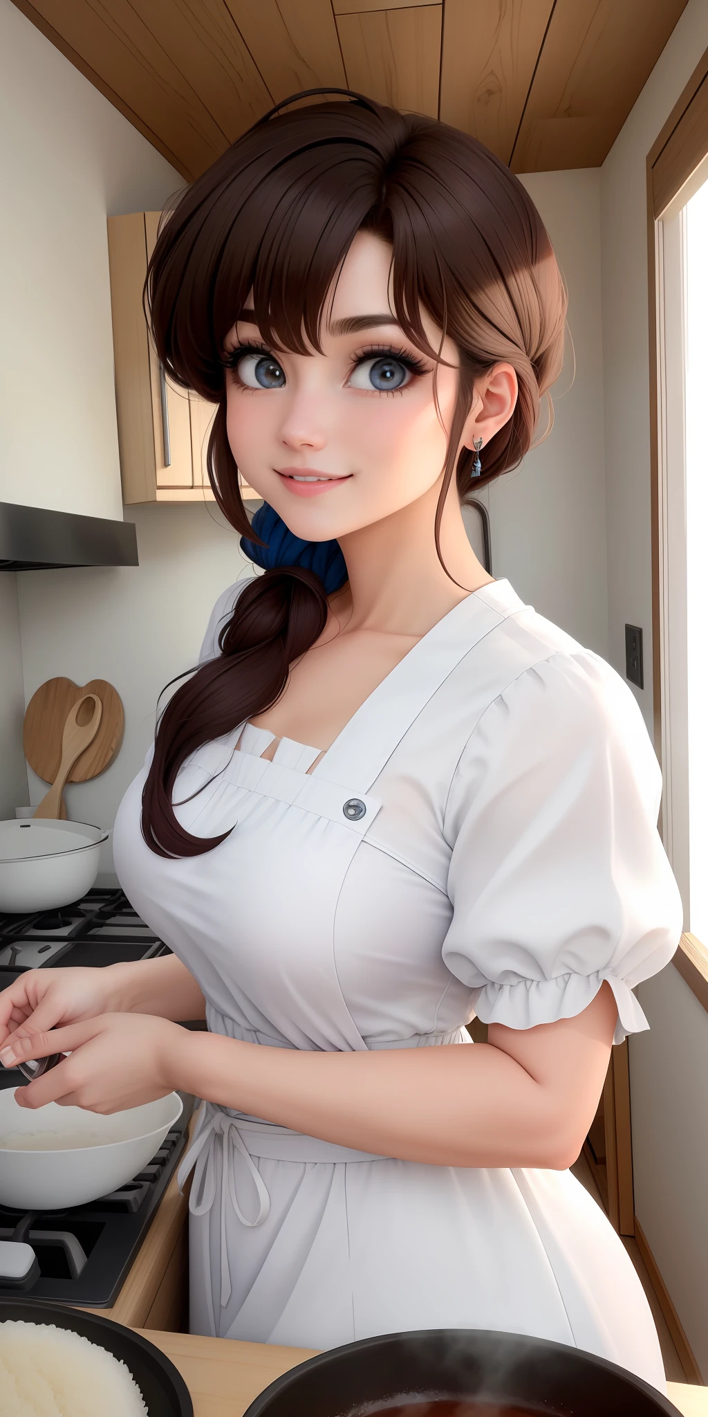 tendou_Kasumi, delantal_Blanco_Volante, vestido corto,luz_azul_vestido_KSM, En pie, solamente, senos grandes,, Obra maestra, La mejor calidad, Cara detallada, ojos detallados, Beautiful smiling woman, cara feliz,rubor,Altas Resoluciones,cara hiperrealista, ojos brillantes, ojos detallados,cocina casa japonesa,luz espectacular, motas polvo en el aire,cocinera, cocinando, NSFW, mostrando muslos,delantal corto, ojos hiperrealistas, ojos extremadamente realistas,mostrando espalda, insinuante,pelo largo recogido