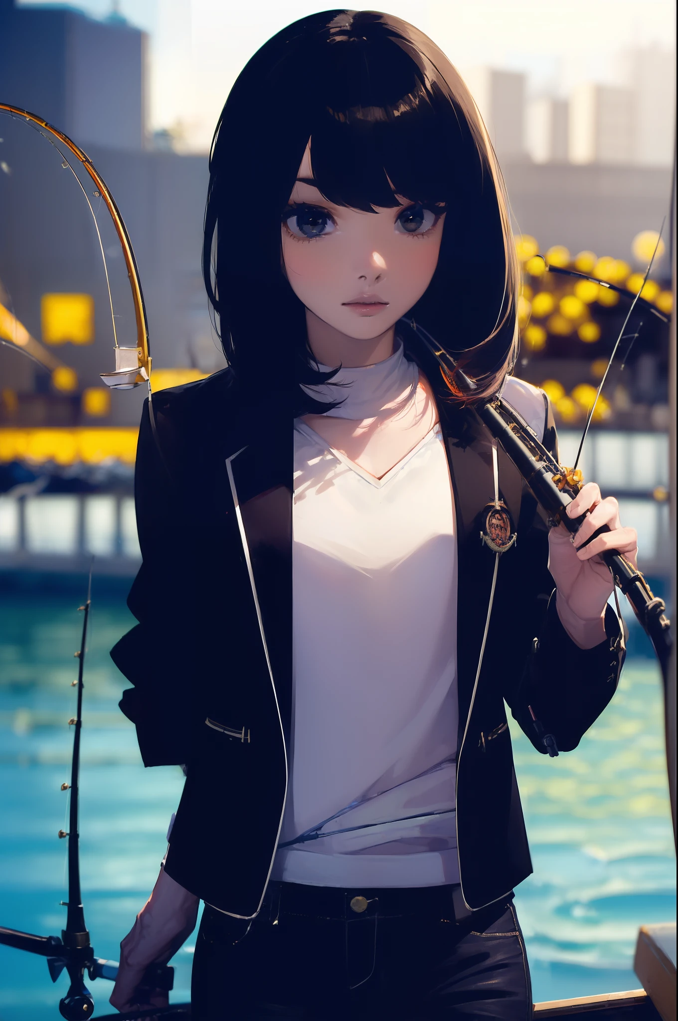 ((((having a fishing rod with a reel by the lakeside:1.5)))),((Female 28 years old)),((Best Quality:1.5)),(((Hands with the correct number and structure of fingers:1.4))),((Big fish:1.37)),hight resolution,ultra-detailliert,​masterpiece,best qualtiy,(Eight-headed body),Black hair, long eyes-lashes, Solid Circle Eyes, drop shadow, Atmospheric perspective,Super Detail, ccurate, small brest,(Black jacket and black jeans :1.1),top-quality, blurry backround, bokeh dof:1.2, (​masterpiece:1.3),  Atmospheric perspective,Super Detail,dynamic compositions,