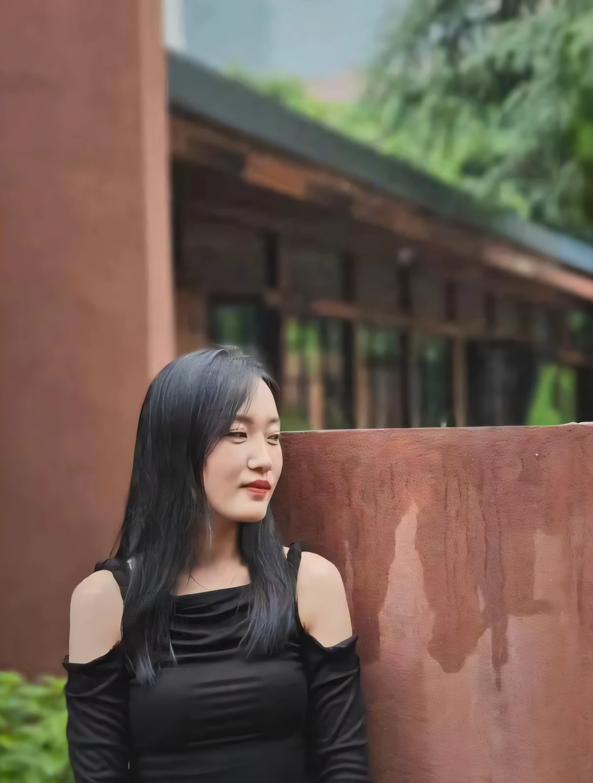An Araki woman in a black dress stands by the wall,In the background is a building, xintong chen, A young Asian woman, nivanh chanthara, inspired by Ma Yuanyu, Inspired by Tang Yifen, inspired by Cheng Jiasui, Inspired by Ai Xuan, inspired by Yan Liben, xision wu, Profile image