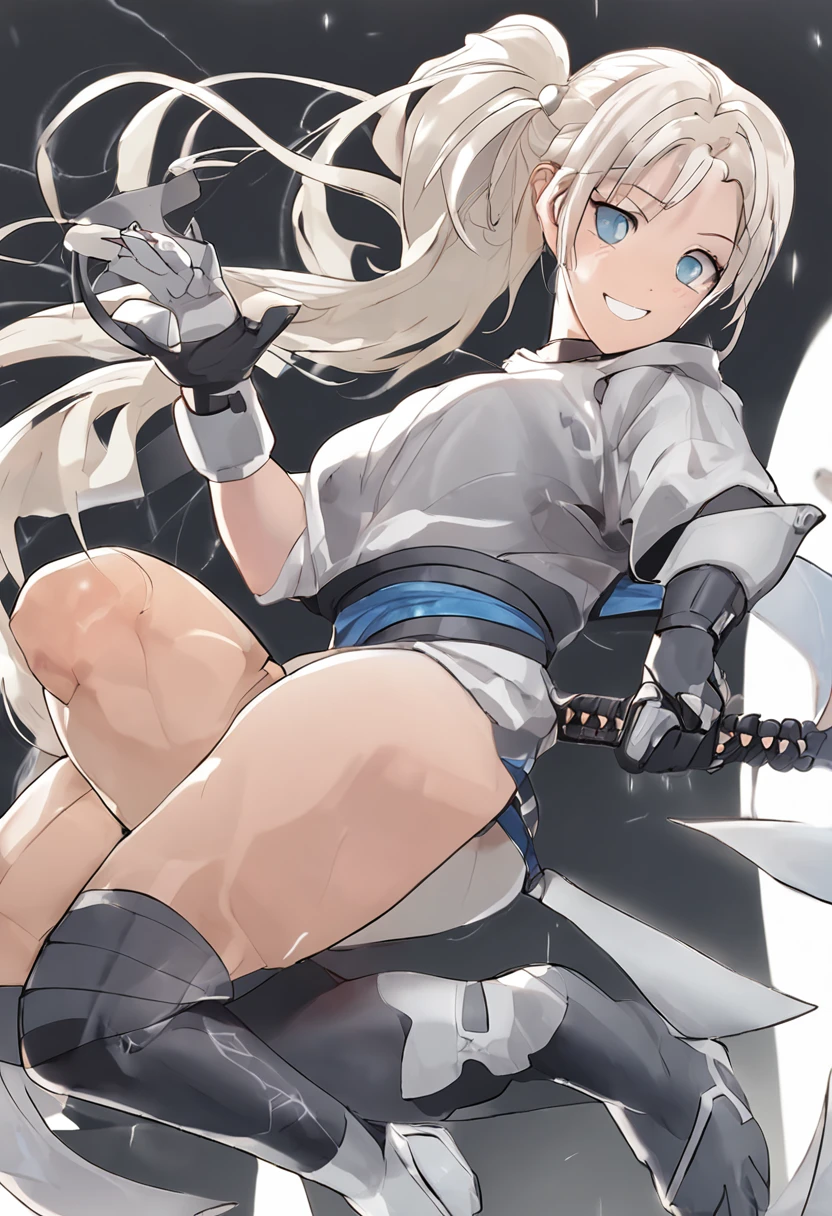 Masterpiece, high quality, watch kunoichi, puffy  and viewers,(masterpiece, best quality:1.2), (from below:1.3 ), solo, 1girl, lucy heartfilia, smile, looking ta viewer, simple background, twintails, armpits, (( )), perfect teeth, slender waist, wide hips,thick thighs:1.2, (full body shot),white legwear,huge 