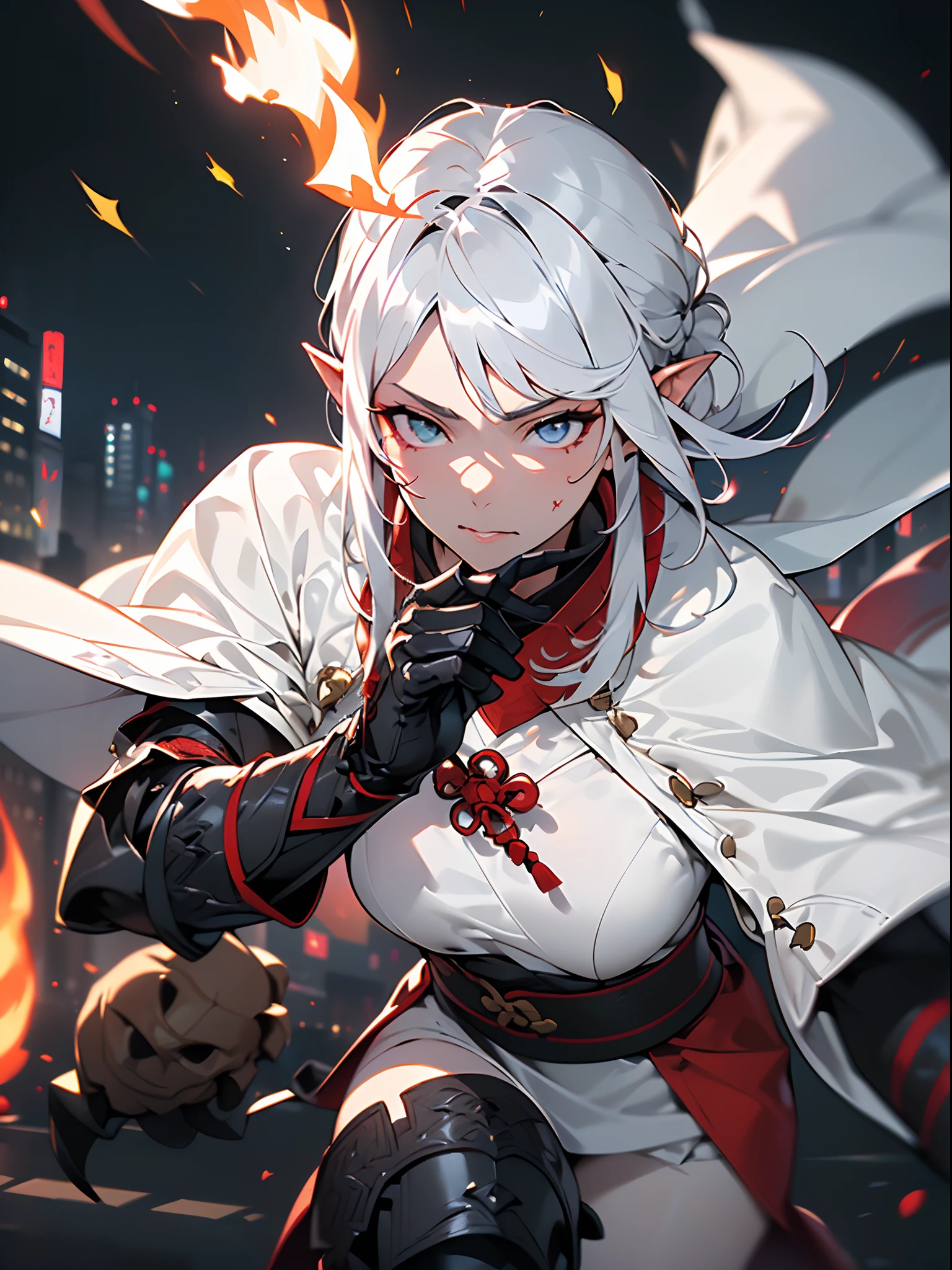 ((jpn)),((Best Quality)),((Beautifully painted)),((hight resolution)),1girl in,Luminescent beautiful elven daughter,(((onmyouji))),(((suikan))),((White cloak with red decoration)),Luminescent bushy silver-haired ponytail,(((black gauntlet and glove))),nice hand, Perfect hands,((Move quickly as if sliding on the ground)),(((Fight black demon monsters in the streets of a big city on a blazing night))),((Flying flames)),armor,(face forcus),(((speed lines))),(((motion blur))),(((dynamic angle))),((cinematic lighting))