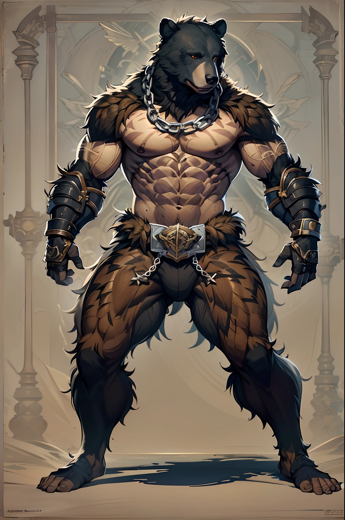 Game character standing drawing design，Black Bear Warriors，Fur shoulders，Stout limbs，Muscle explosions，Equipped with a huge chain boxing holster，Different layers overlay，Different angles，（Left view full body：1.4），solid color backdrop，clean backdrop，depth of fields，high light，Real light，Ray traching，OC renderer，UE5 renderer，Hyper-realistic，best qualtiy，8K，Works of masters，super-fine，Detailed pubic hair，Correct anatomy，