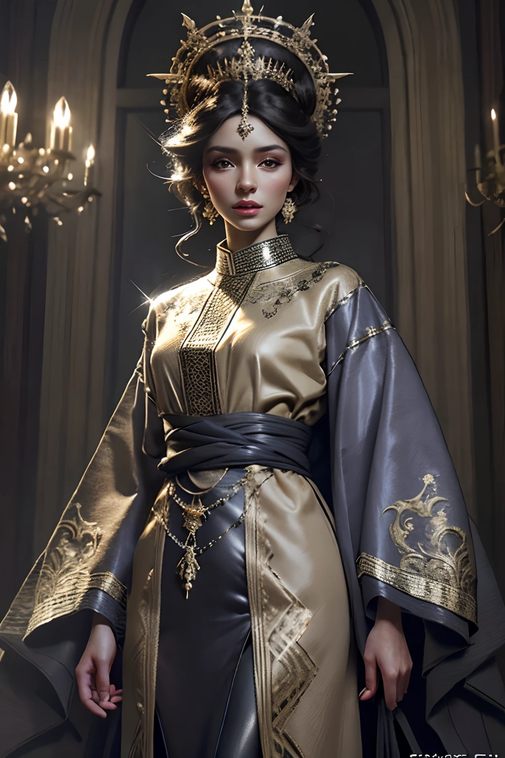 Very beautiful princess with crystal eyes bright hyper realistic super detailed full door caftan outfit cover body very detailed hyper realistic centerpiece different types design full HD super detailed face hyper realistic master piece