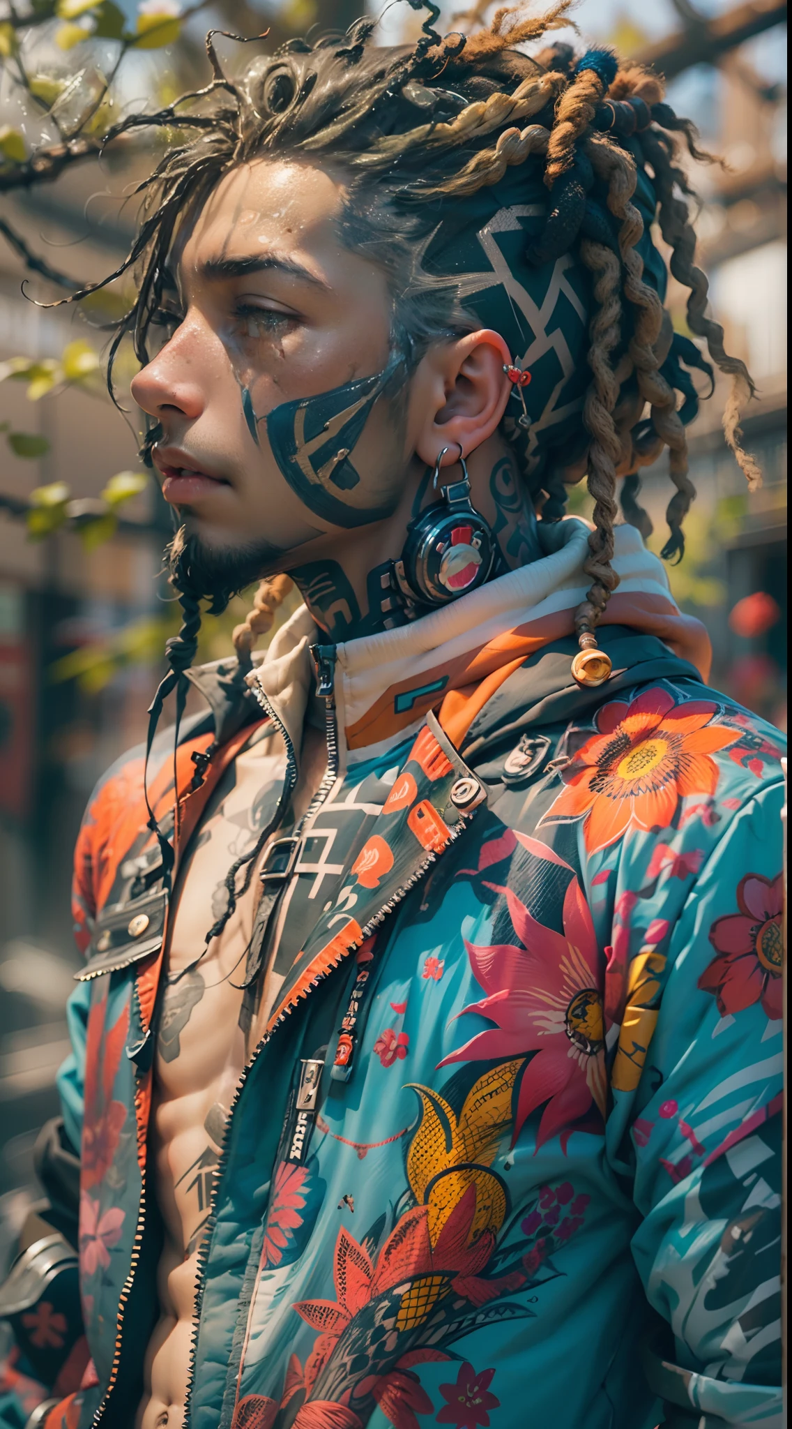 "1 cyborg with tattoos, dread hair in spring, puffer suit, vibrant and luminous colors, sharp and cinematic style, depth of field, capturing the essence of 35mm film, and a touch of luminous painting."