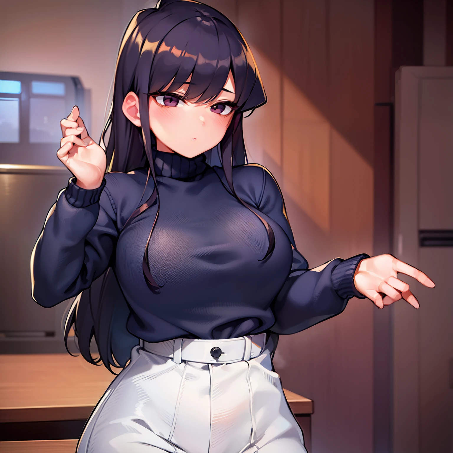 (Uhd, Masterpiece, Textured Skin, Super Detail, High Details, High Quality, Best Quality), 1woman, mature pretty woman, ((Thicc body, wide hips, thick thighs)), red eyes, blue straight hair, tall, (Crop black top, jacket), (black shorts), (Handsome Pose)