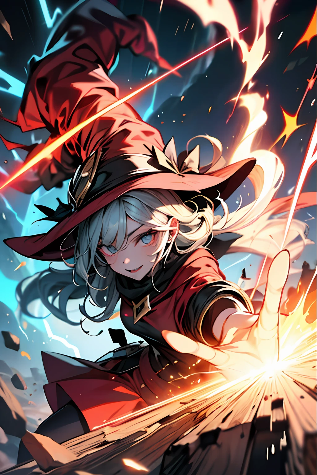 best quality, ultra-detailed, fighting witch, magic wand, lightning, fire, explosion, flash
