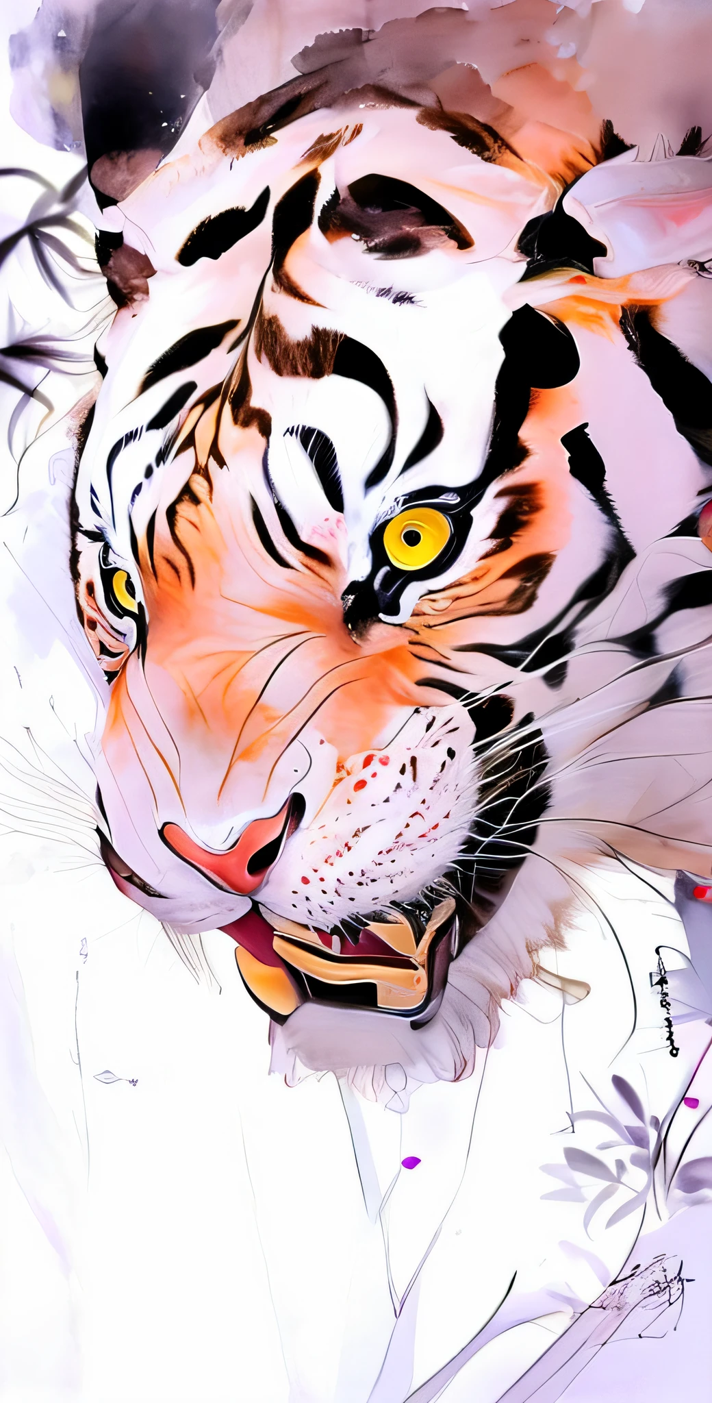 painting of a tiger with orange eyes and a white background, yoshitaka amano photorealistic, ((tiger)), tiger_beast, by Yoshitaka Amano, by amano, striking detailed artstyle, style of yoshitaka amano, by Kanō Naizen, tiger, extremely high detail!!, great digital art with details