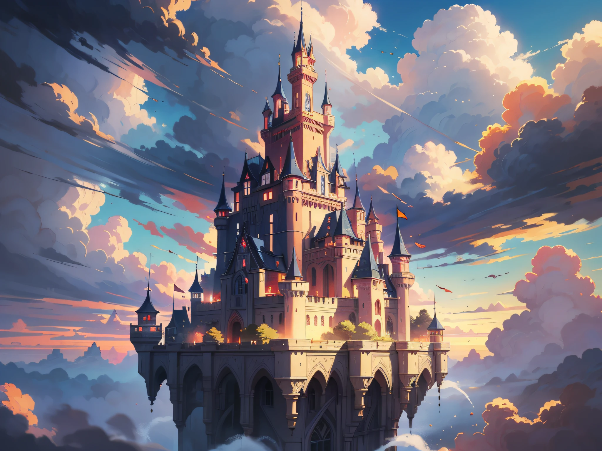 Anime castle floating in the sky，The background is sunset, flying cloud castle, palace floating in the sky, an immense floating castle, Castle in the sky, castle in the sky style, flying castle, palace floating in heaven, Cloud Palace, abandoned castle in the sky, beautiful detailed fantasy, Fantasy castle, high fantasy castle, Floating palace