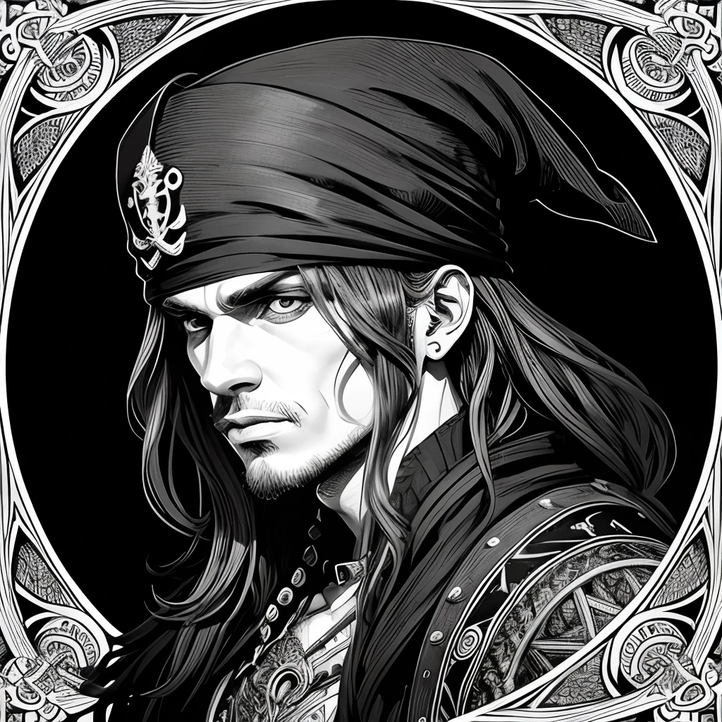 Centred potrait of a male Pirate, black and white, zentangle (best quality) ultra-detailed, fine line drawing, fine line art, coloring book illustration style, intricate linework, highly detailed illustration, perfect composition, beautiful and stunning, dynamic angle, high contrast, incredible shading, incredible detail, unique style, black and white details, (dark and mystical atmosphere), intricate and detailed nature elements.