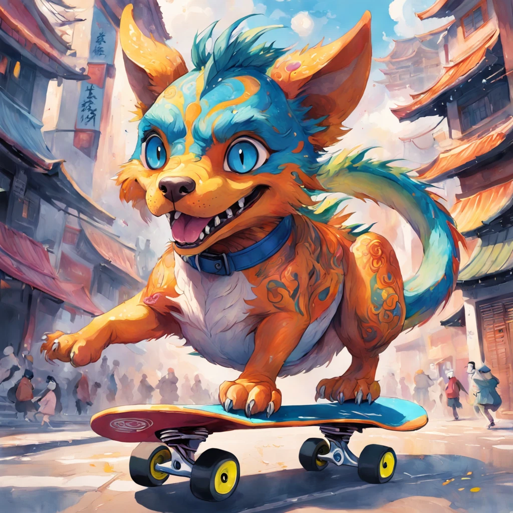 A Chinese dragon，Skateboarding，Bring a helmet， Paint with bright watercolors, Animal painting, vibrant watercolor painting, Cute dog painting， Amazing artwork, Surrealism with bright colors, plethora of colors，detail-rich, beautiful digital painting, incrivel, Digital art animal photos, colorful art，Detailed watercolor art