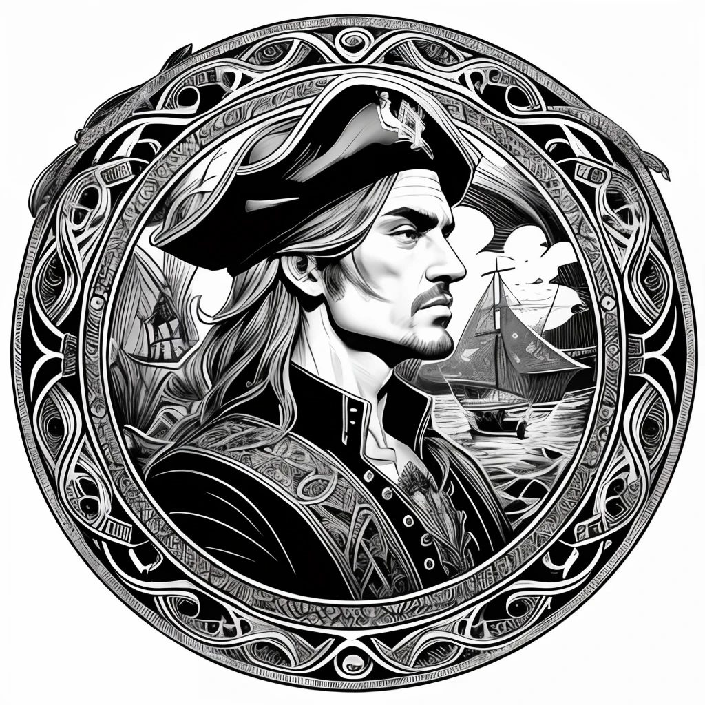 Centred potrait of a male Pirate, black and white, zentangle (best quality) ultra-detailed, fine line drawing, fine line art, coloring book illustration style, intricate linework, highly detailed illustration, perfect composition, beautiful and stunning, dynamic angle, high contrast, incredible shading, incredible detail, unique style, black and white details, (dark and mystical atmosphere), intricate and detailed nature elements.