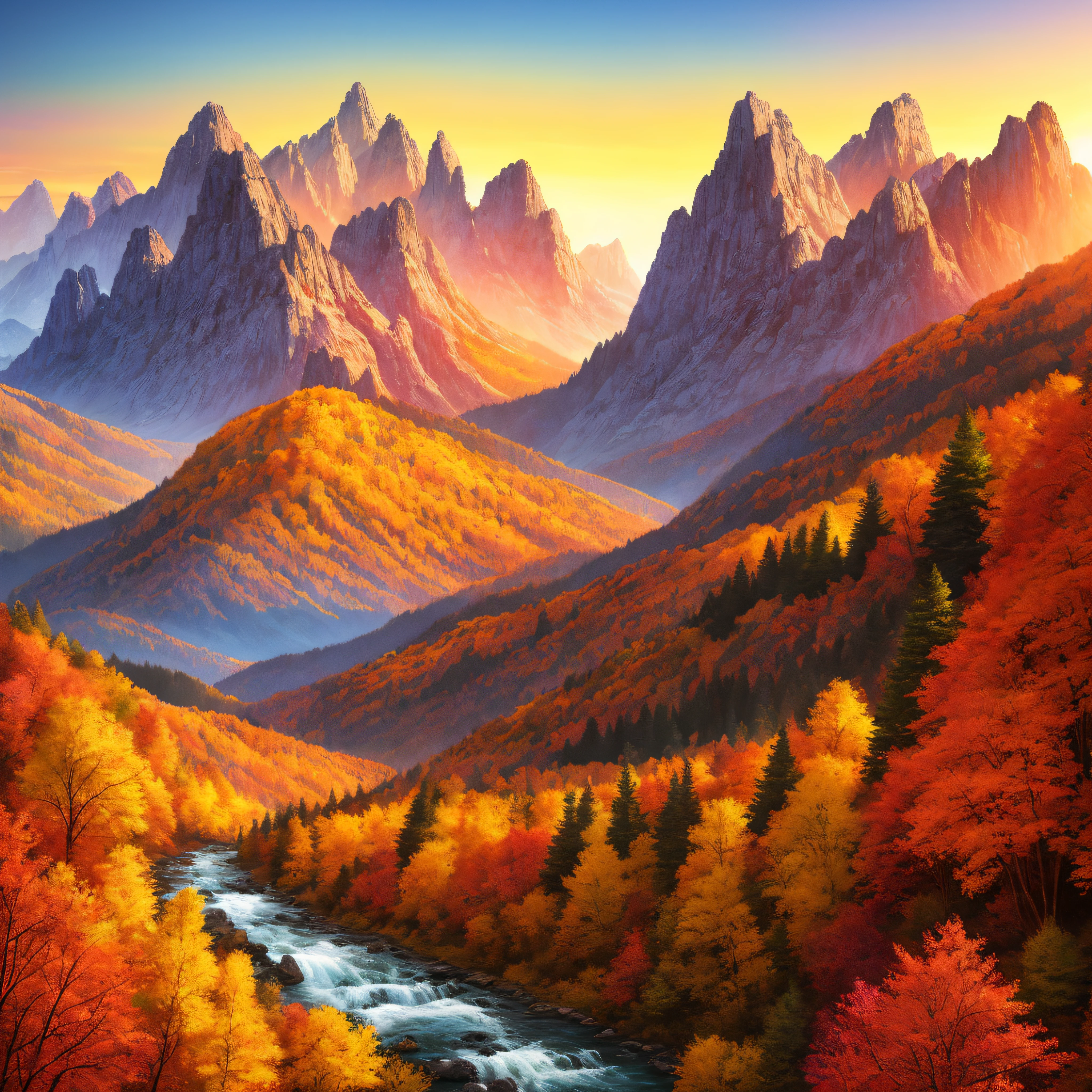 Mountains and trees are in the foreground of the sunset scene, jen bartel, Beautiful art UHD 4 K, scenery art detailed, autumn mountains, highly detailed digital artwork, Justin Gerard, 4k highly detailed digital art, Detailed painting 4 K, 8K high quality detailed art, 4K detailed digital art, 4k detailed art, 8K stunning artwork