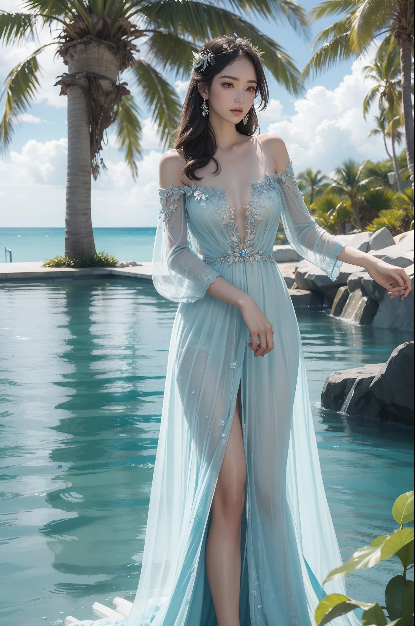 ((top-quality、​masterpiece、photographrealistic:1.4、in 8K))、Beautuful Women、delicate and beautiful face、Princess of the Tropical Country、（Sheer luxury dresses for summer）、（Princesses frolicking on beautiful tropical beaches）、sixteen years old、Luxury accessories、Beautiful sea and sky、Rosa、Beautiful lighting、Textured skin、Super Detail、high detailing、High quality、hight resolution、Palm trees、wet