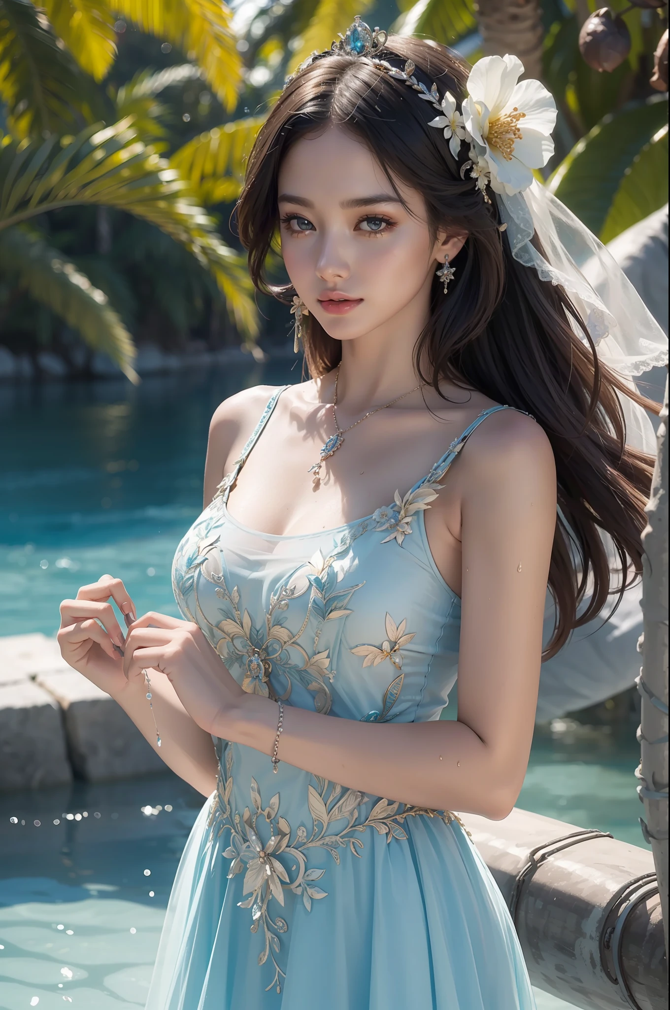 ((top-quality、​masterpiece、photographrealistic:1.4、in 8K))、Beautuful Women、delicate and beautiful face、Princess of the Tropical Country、（Sheer luxury dresses for summer）、（Princesses frolicking on beautiful tropical beaches）、sixteen years old、Luxury accessories、Beautiful sea and sky、Rosa、Beautiful lighting、Textured skin、Super Detail、high detailing、High quality、hight resolution、Palm trees、wet