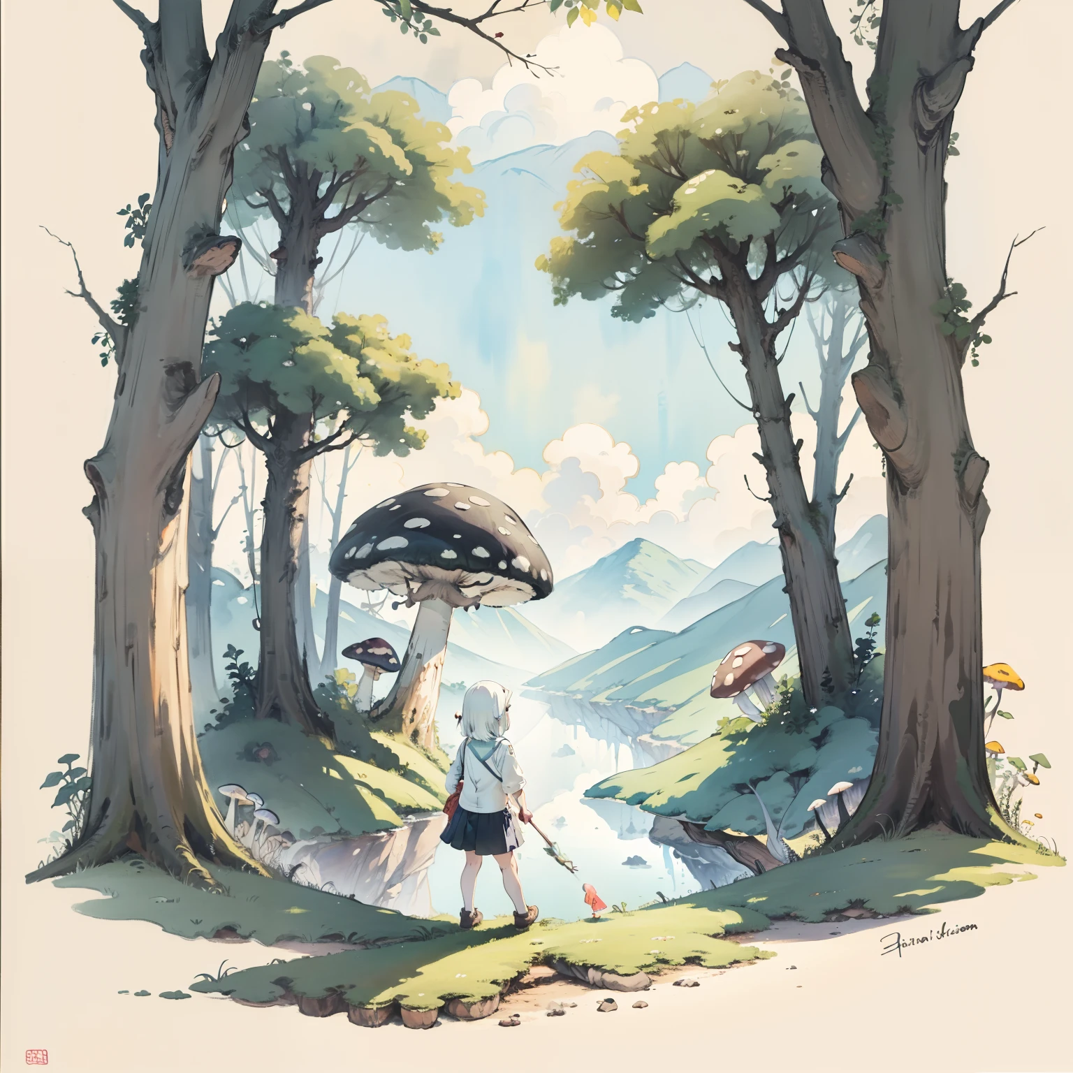 Explore the kingdom of psychedelic and fantasy mushrooms,Huge mushroom tree,Watercolor illustration, Perfect anatomy, Masterpiece, Best quality, 1girll, Loli,elementary student, Solo, (with short white hair:1.2),,Nature, landscape