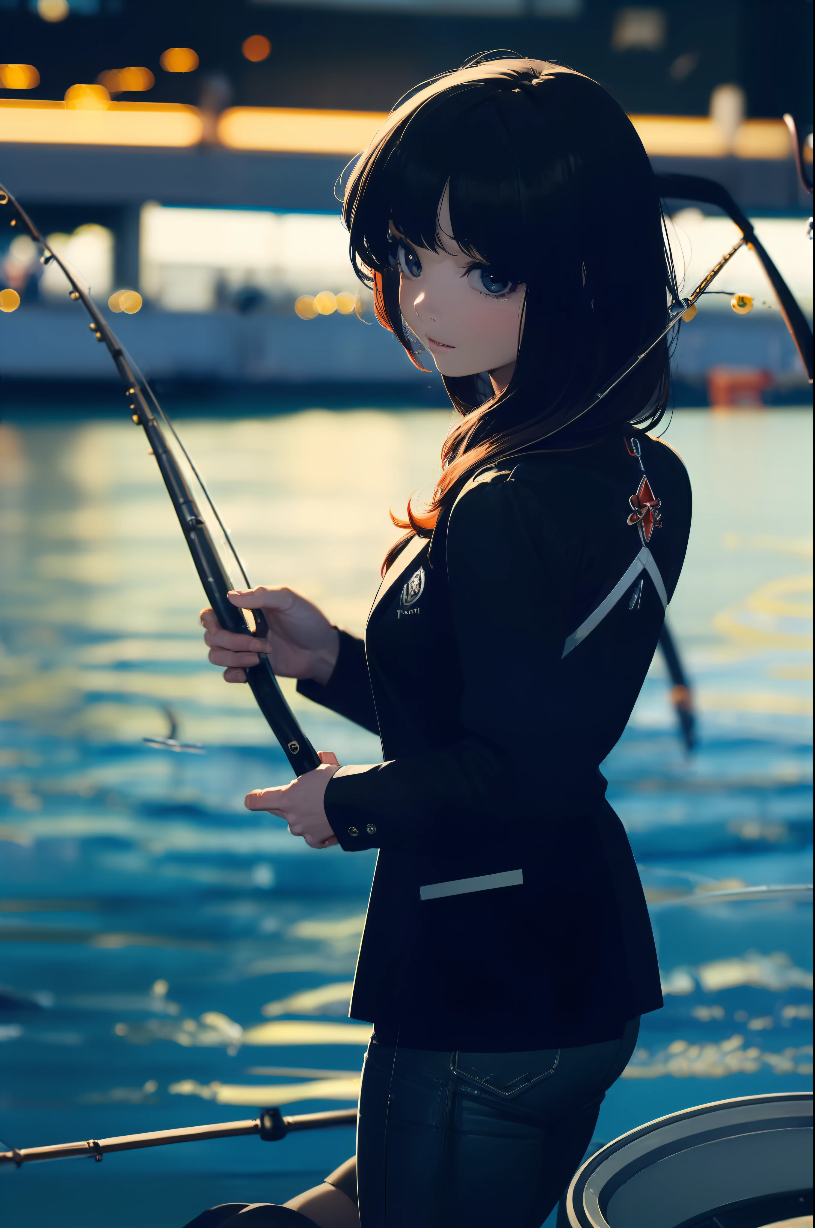 ((((having a fishing rod with a reel by the lakeside:1.5)))),((Female 28 years old)),((Best Quality:1.5)),(((Hands with the correct number and structure of fingers:1.4))),((Big fish:1.37)),hight resolution,ultra-detailliert,masterpiece,best qualtiy,(Eight-headed body),Black hair, long eyes-lashes, Solid Circle Eyes, drop shadow, Atmospheric perspective,Super Detail, ccurate, small brest,(Black jacket and black jeans :1.1),top-quality, blurry backround, bokeh dof:1.2, (masterpiece:1.3), Atmospheric perspective,Super Detail,dynamic compositions,