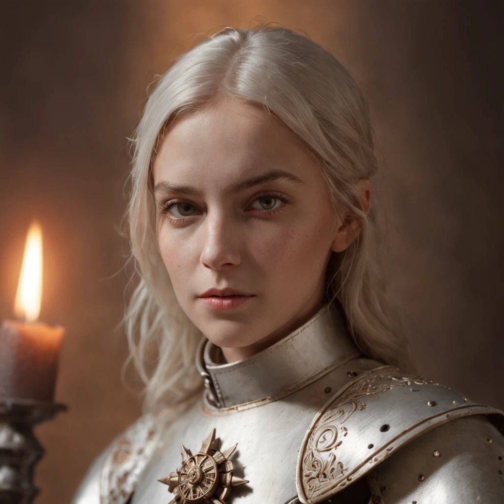Joan of Arc, Medieval France, Petite and lean, Armor with a white coat and cross, Adobe Photoshop, Realistic digital painting, Historical portraits, high resolution, warm candlelight glow, Symbolic art, Brave, Resolute expression, Inspiring atmosphere