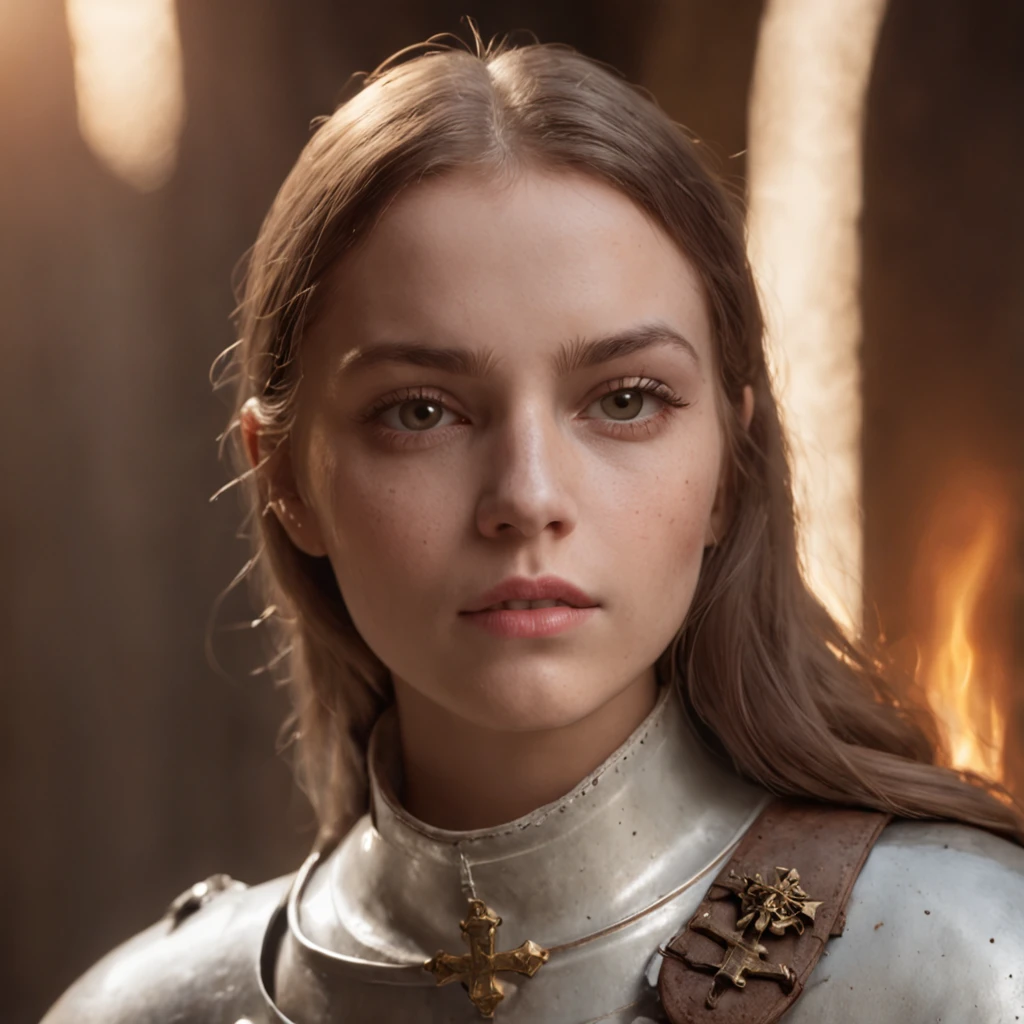 Joan of Arc, Medieval France, Petite and lean, Armor with a white coat and cross, Adobe Photoshop, Realistic digital painting, Historical portraits, high resolution, warm candlelight glow, Symbolic art, Brave, Resolute expression, Inspiring atmosphere