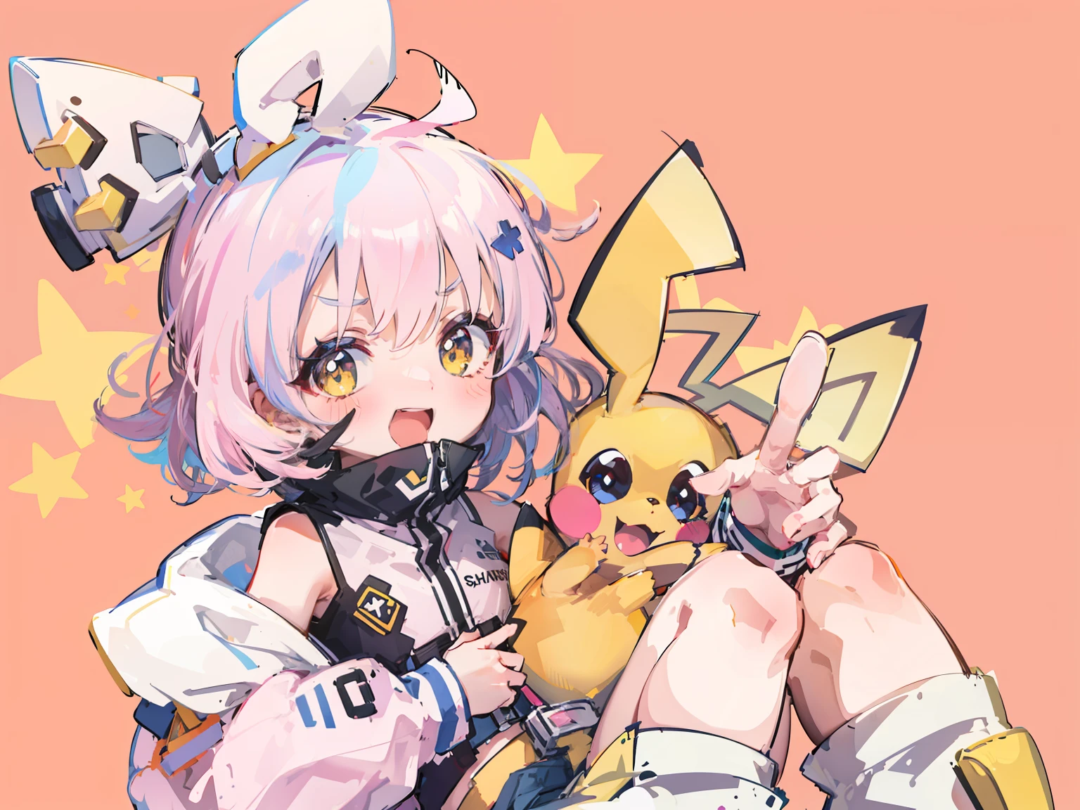 pink short hair,Yellow eyes,laughingly,Pikachu in his arms,(solo person)