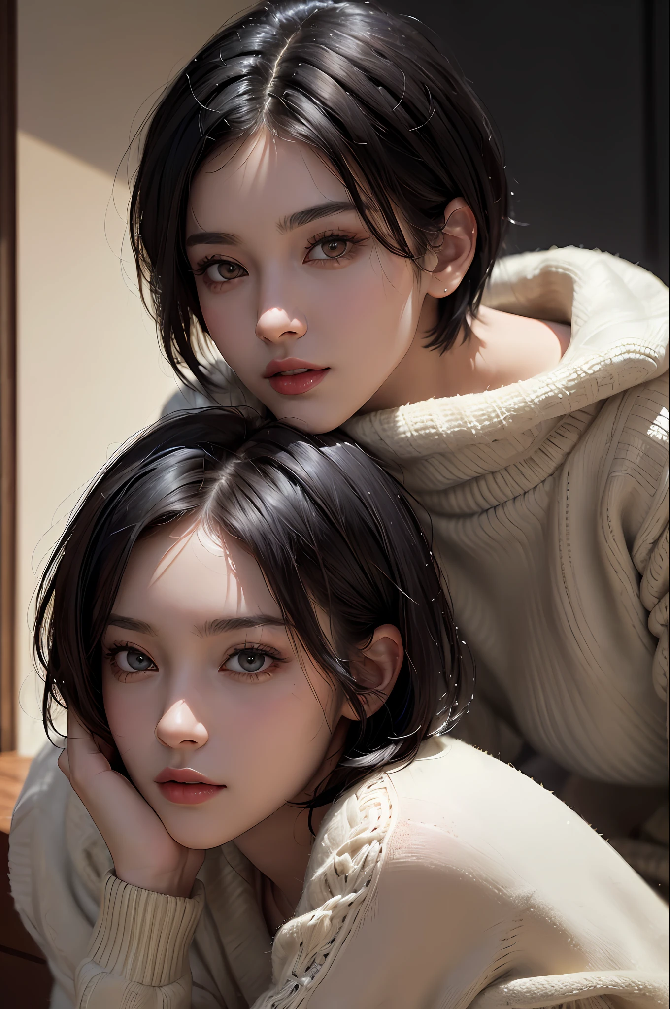Dragon Ball character Caulifla and Kale with their typical clothes and their typical hair, black hair, white eyes, clear smile, high detail, social realism, Surrealism, Realism, hyperrealism, jpeg artifacts, ray tracing, cinematic lighting, UHD, masterpiece, anatomically correct, super detail, high details, high quality, best quality, 16k