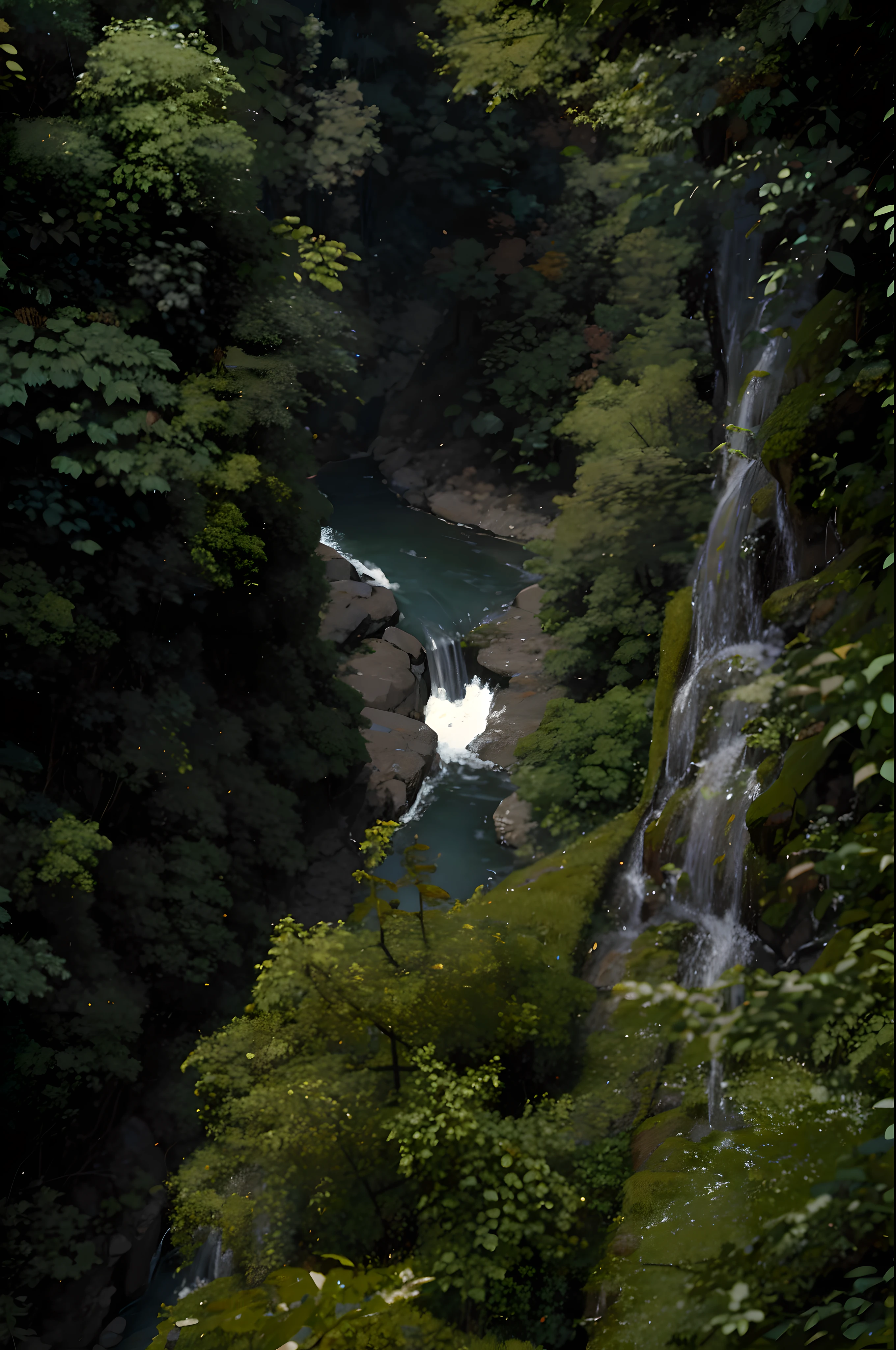 There is a small waterfall in the middle of the forest, gorge in the mountain, The huge chasm, in between a gorge, inside a gorge, the middle of a valley, top of a canyon, Deep chasm, river flowing through a wall, with a river running through it, Valle exuberante, cut into the side of a mountain, a river flowing with waterfall