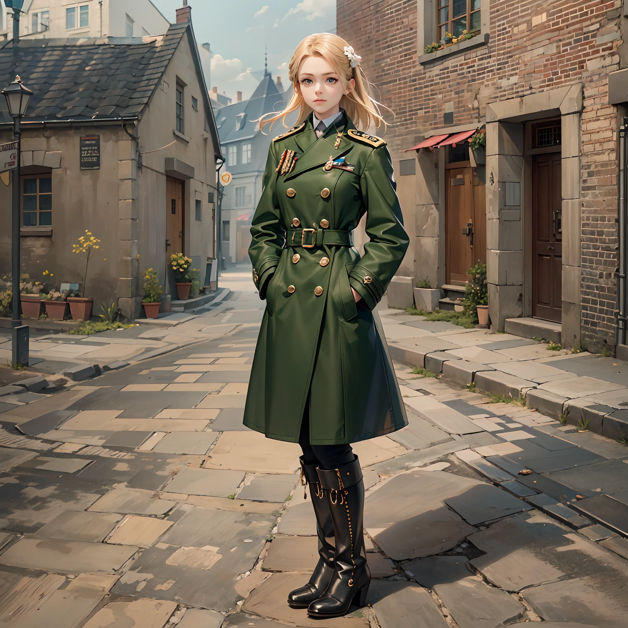One lonely young adult girl, Tall stature, little chest, closed mouth, Slavic appearance: Green eyes; blond hair; sharp facial features; dimple on the chin; Straight nose; high nose; pronounced high cheekbones; high forehead, stands upright, wears a military uniform: Dark green double-breasted overcoat with 6 fasteners; gray pants; high black boots; black leather gloves, Standing in the middle of the street, Background in the picture: A street with a stone paved road with European stone houses from the first half of the 20th century; People in clothes of the mid-20th century, High quality shadows, High quality of light, High quality clothing, Masterpiece picture quality, max detail, Masterpiece quality, High-definition image.