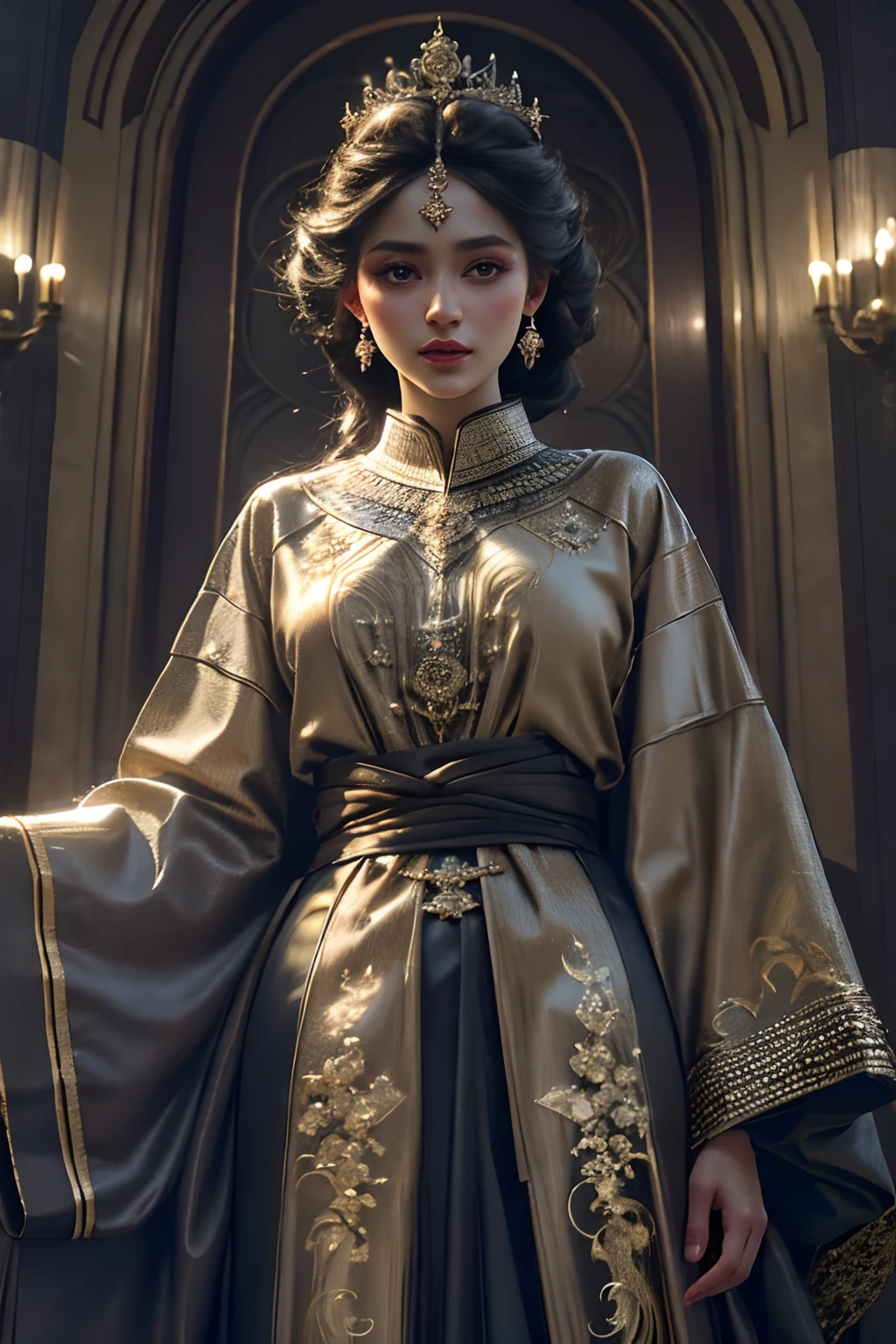 Very beautiful princess with crystal eyes bright hyper realistic super detailed full door caftan outfit cover body very detailed hyper realistic centerpiece different types design full HD super detailed face hyper realistic master piece