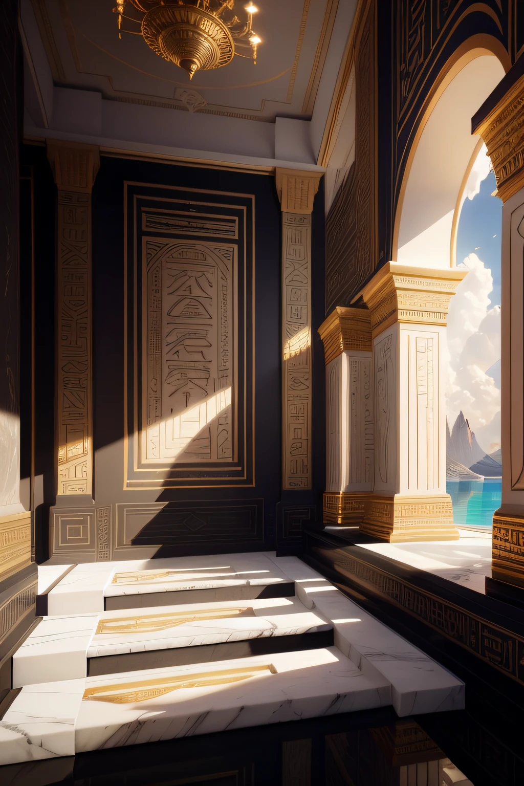 incredible white luxurious interior in Ancient Egyptian style with lotus flowers, palm trees, hieroglyphics, emerald, amethyst, gold, rocky walls, sand, marble, precious minerals, metals, gemstones, crystals, clouds and water, crocodiles, ultra luxury, black marble – with beautiful lights, Unreal Engine, HQ, 16k