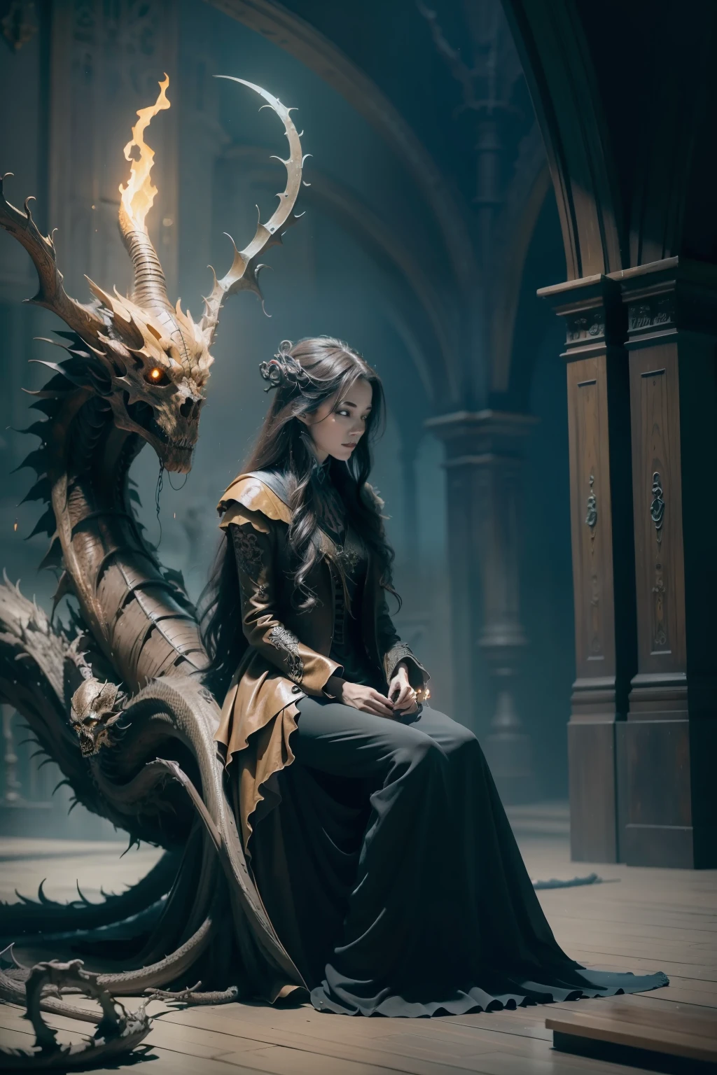 （A beautiful witch sits in front of a Soniste fire dragon skeleton:1.4) ，gloomy castle，Spooky and terrifying，The skull is on the ground，depth of fields，high light，Real light，Ray traching，OC renderer，UE5 renderer，Hyper-realistic，best qualtiy，8K，Works of masters，super-fine，Detailed pubic hair，Correct anatomy，