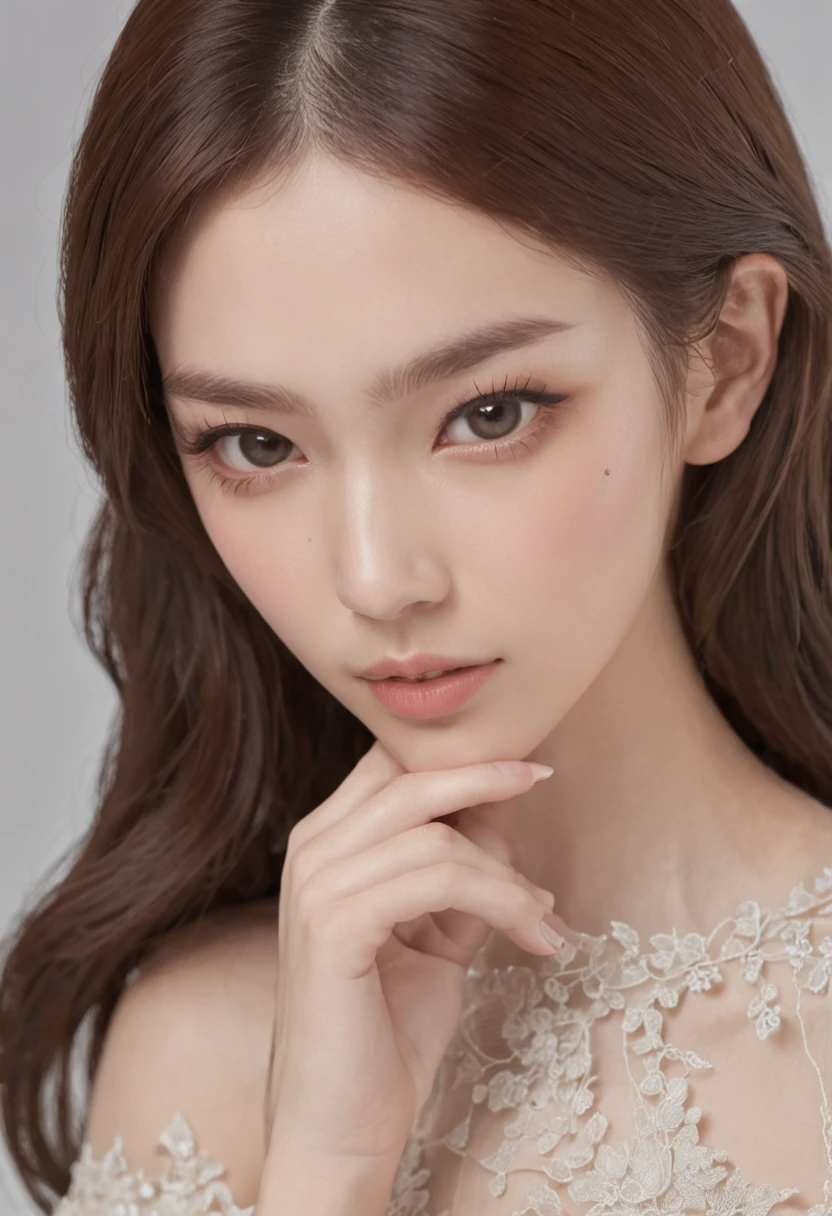 Translucent skin, large eyes, welldefined facial features, long hair, and a slim physique、all body