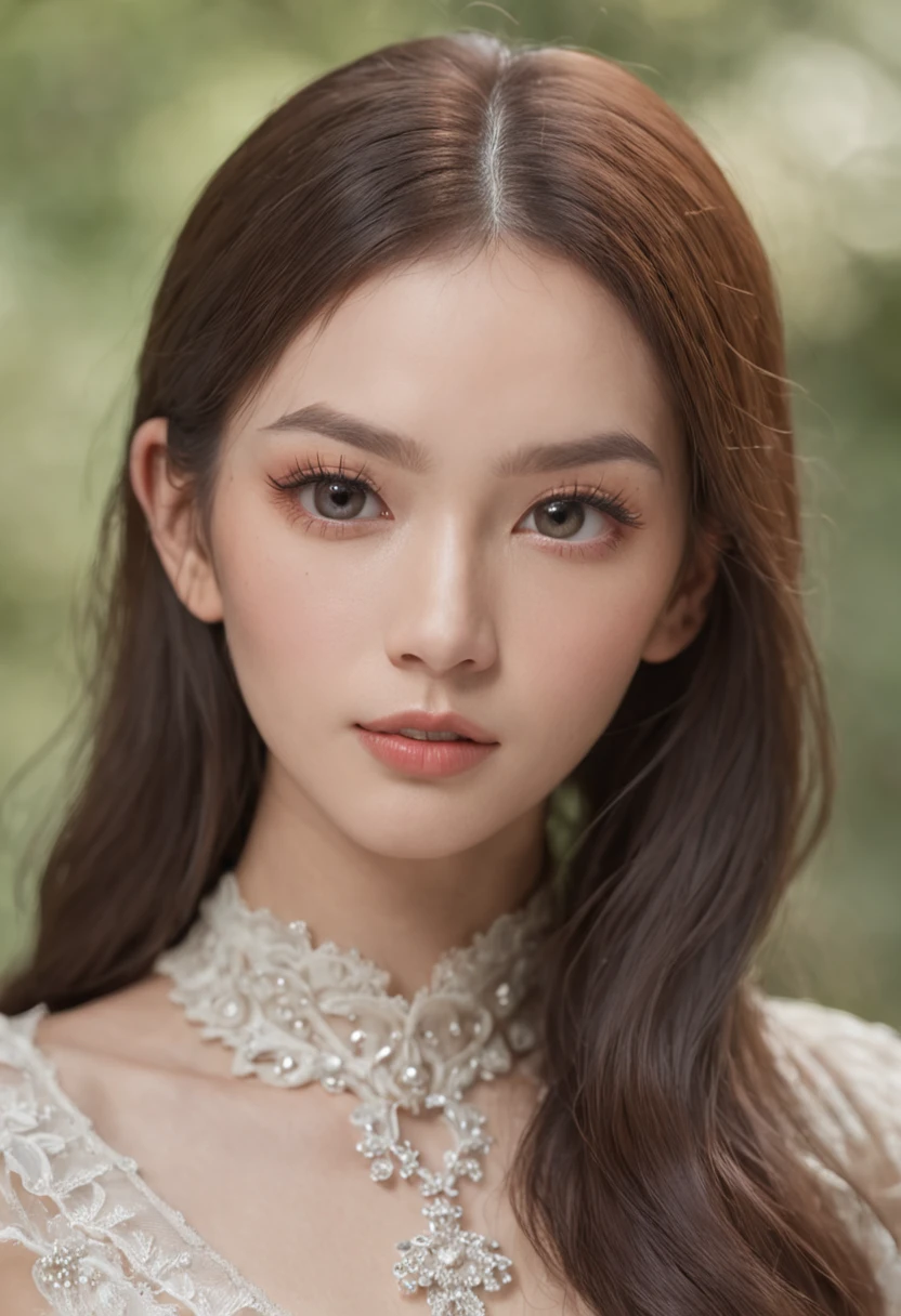 Translucent skin, large eyes, welldefined facial features, long hair, and a slim physique、all body