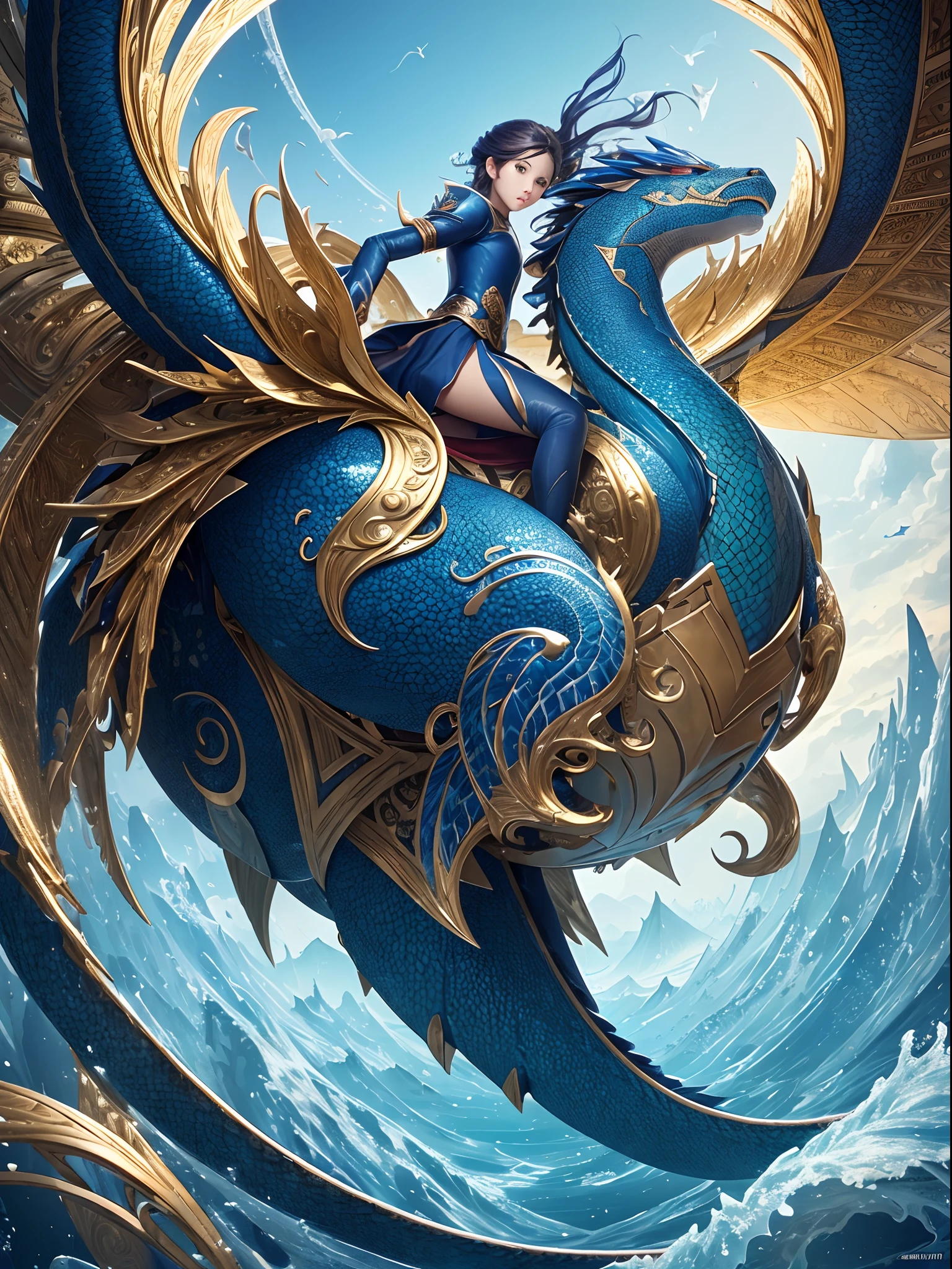 (Masterpiece, Top Quality, Best Quality, Ultimate Detail, Highest Detail, Official Art, Beauty & Aesthetics: 1.2), Golden Ratio, Full Composition, official art, Unity 8k wallpaper, super detailed, beautiful, (fractal art: 1.4), the naked school girl is riding on the blue dragon,flying over the town, full body, crystallineAI, from below, splash