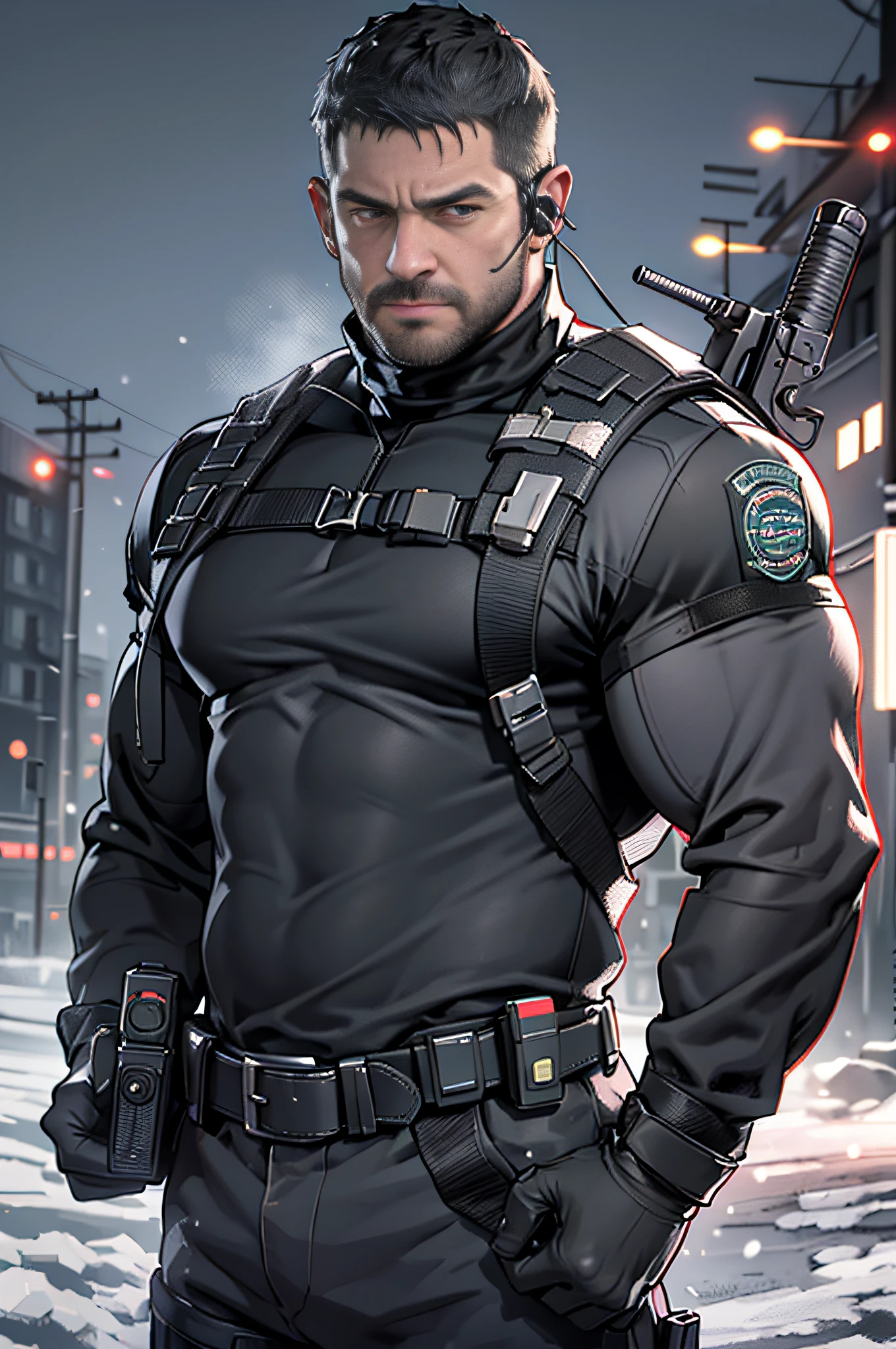 Dark gothic village in the background, old Chris Redfield from Resident Evil 8, 48 year old, muscular male, tall and hunk, biceps, abs, chest, all black cold turtleneck shirt, long sleeves, black trousers, shoulder holster, earpiece, belt, thick beard, cold face, holding an assault rifle gun, video games style, high resolution:1.2, best quality, masterpiece, dark nightime, dark atmosphere, winter, snowing, shadow, upper body shot